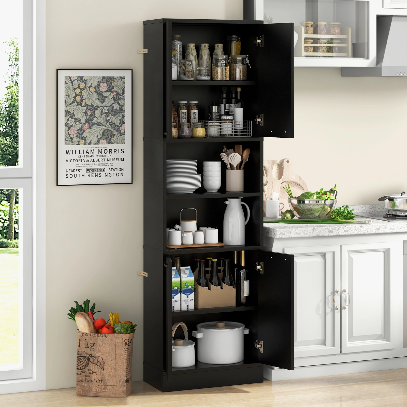 Glintex 75-Inch Tall Pantry Cabinet with 4 Doors and 2 Open Shelves