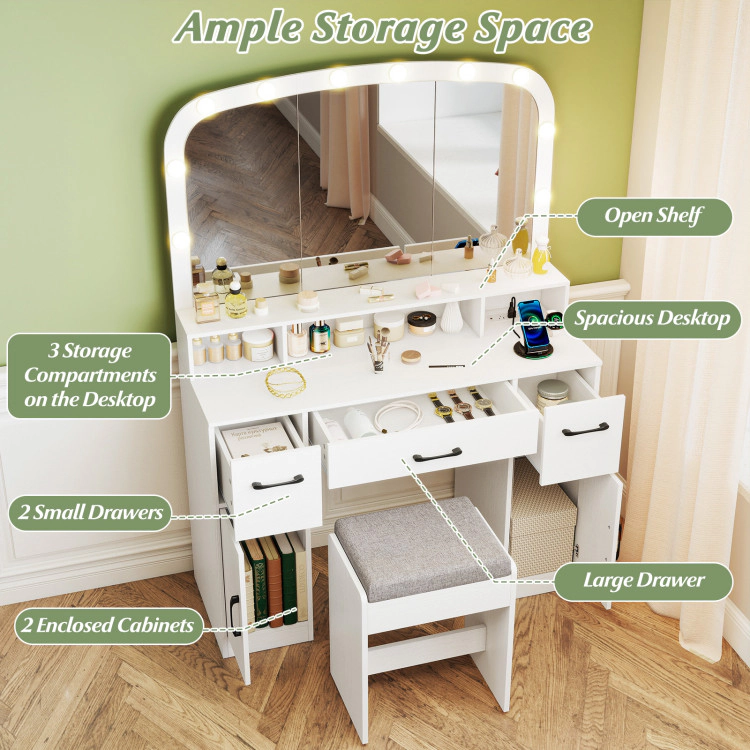 Hivvago Vanity Desk Makeup Table With Stool 3-Color Lights And Charging Station