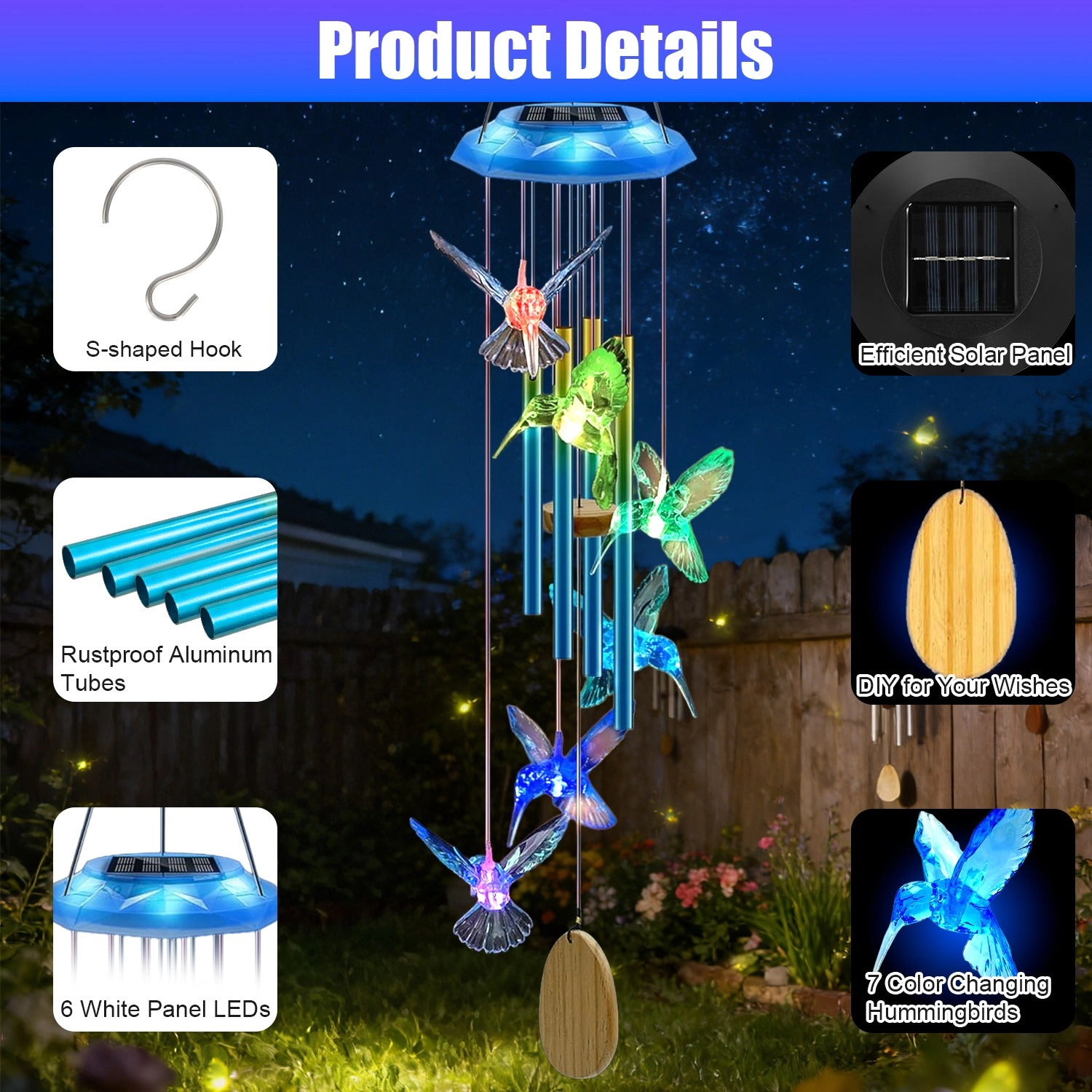 GBruno Solar Hummingbird Wind Chime With LED Lights