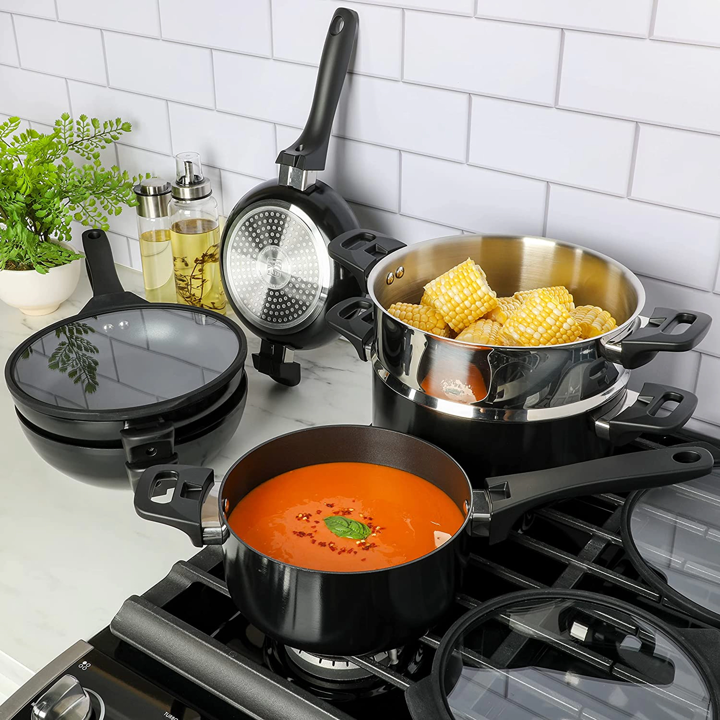 Kenmore Elite Grayson 9 Piece Nonstick Aluminum Stackable Cookware Set in Black