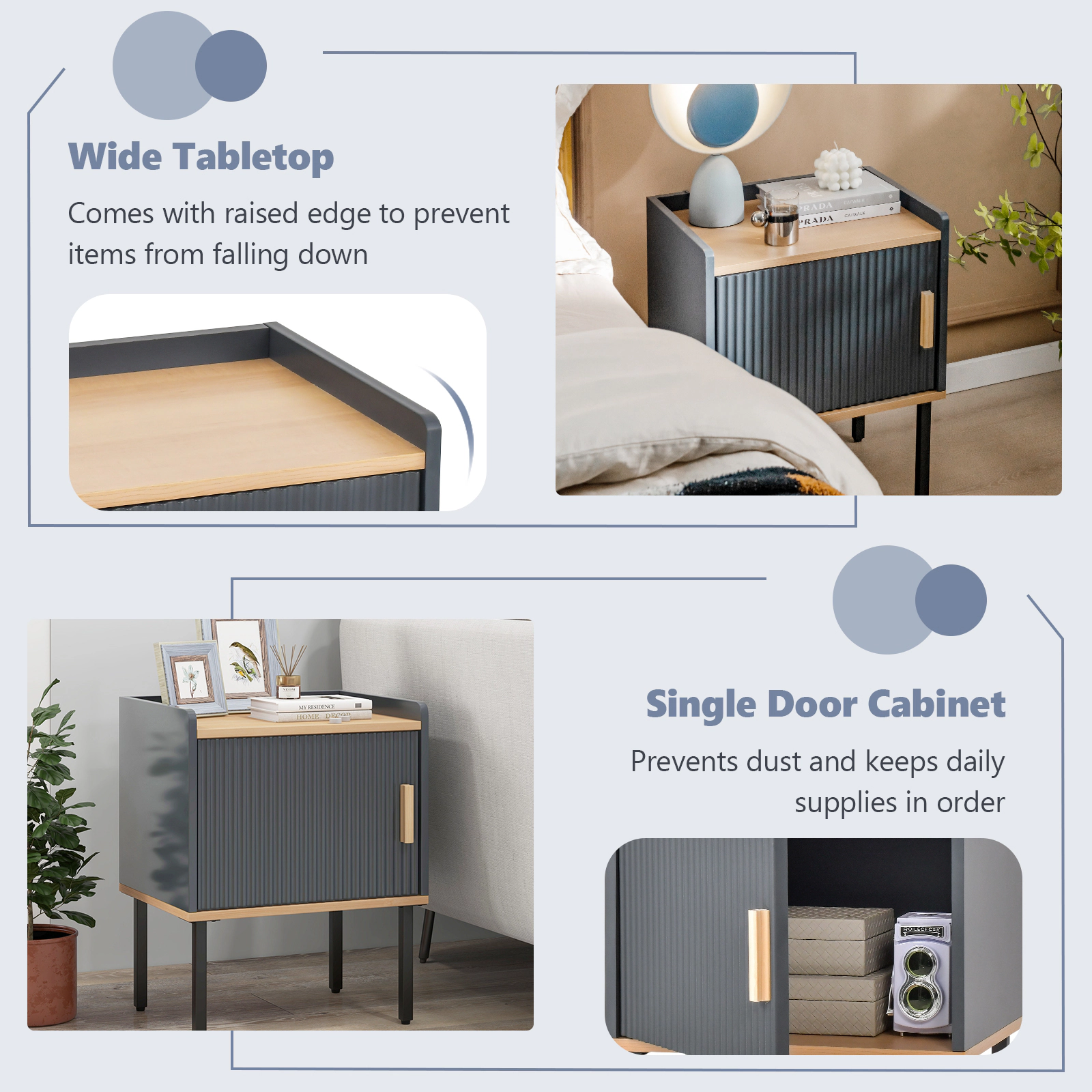 Glintex Nightstand with Single-Door Cabinet Raised Edge Top and Metal Legs, Gray