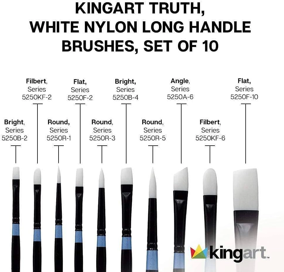 KINGART Truth White Taklon Long Handle Artist Brush Set 10 pc