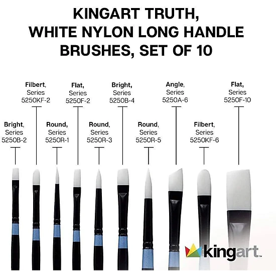 KINGART Truth White Taklon Long Handle Artist Brush Set 10 pc