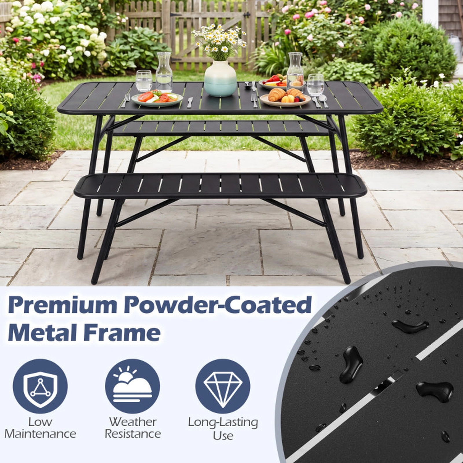 SUGIFT Black 47.5 Inch Table and 2 Benches for Backyard 3-Piece Outdoor Metal Dining Set