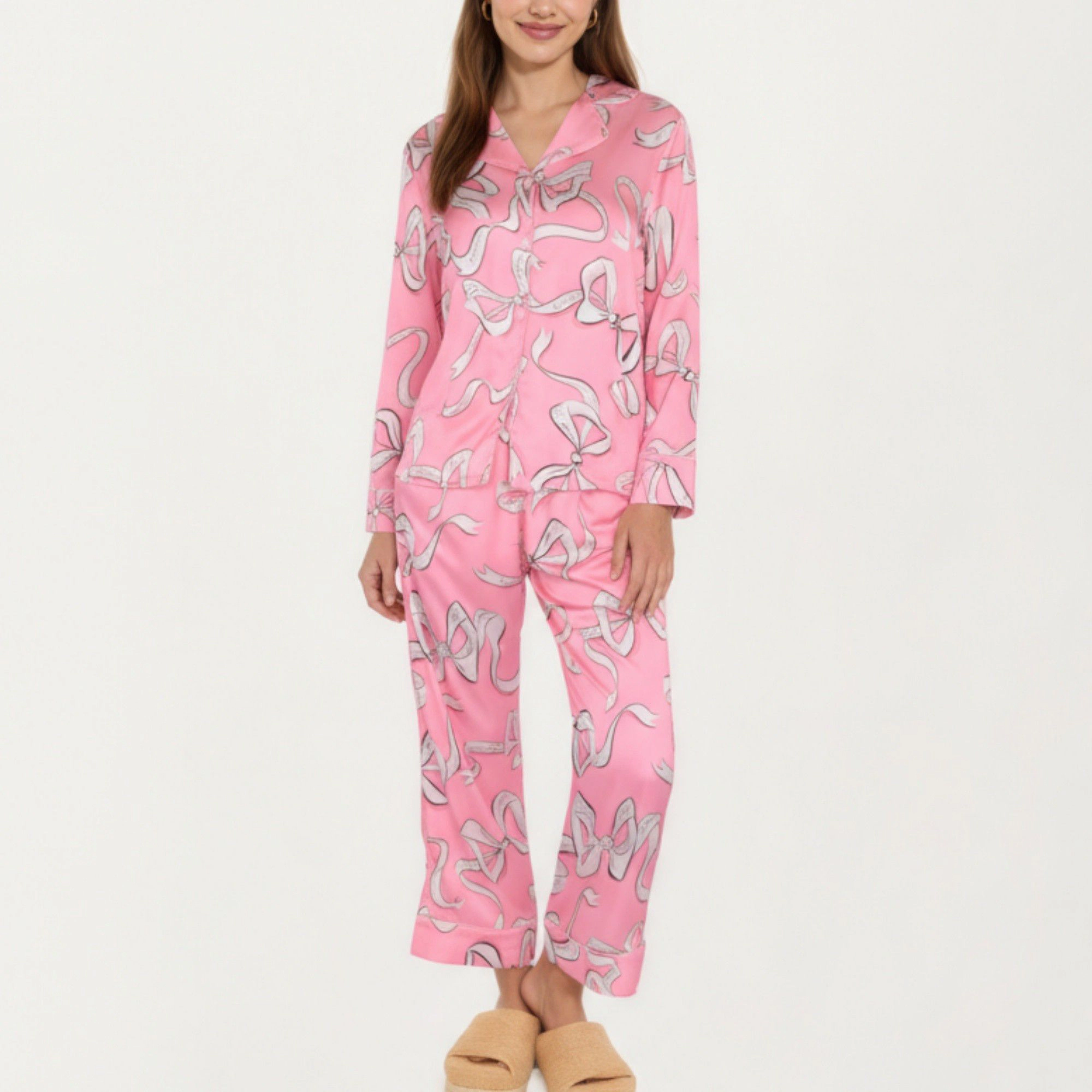 Anna-Kaci Women's 2-Piece Long Sleeve Button Front Pajama Set Ribbon Print and Soft Silky Fabric for Relaxed Comfort