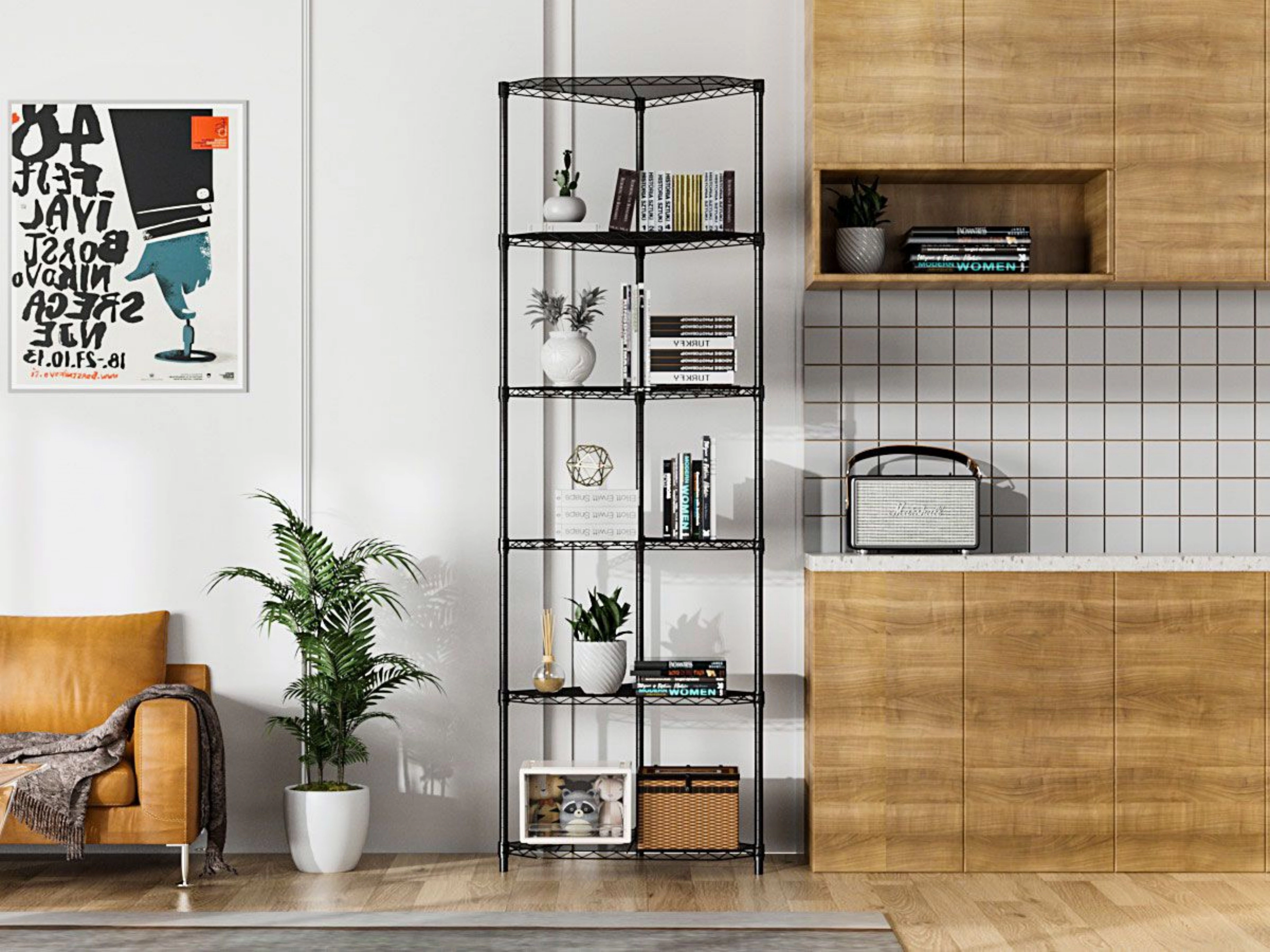 Flynama 6 Tier Corner Pentagonal Wire Rack Adjustable Chrome Heavy Duty Free Standing for Living Room