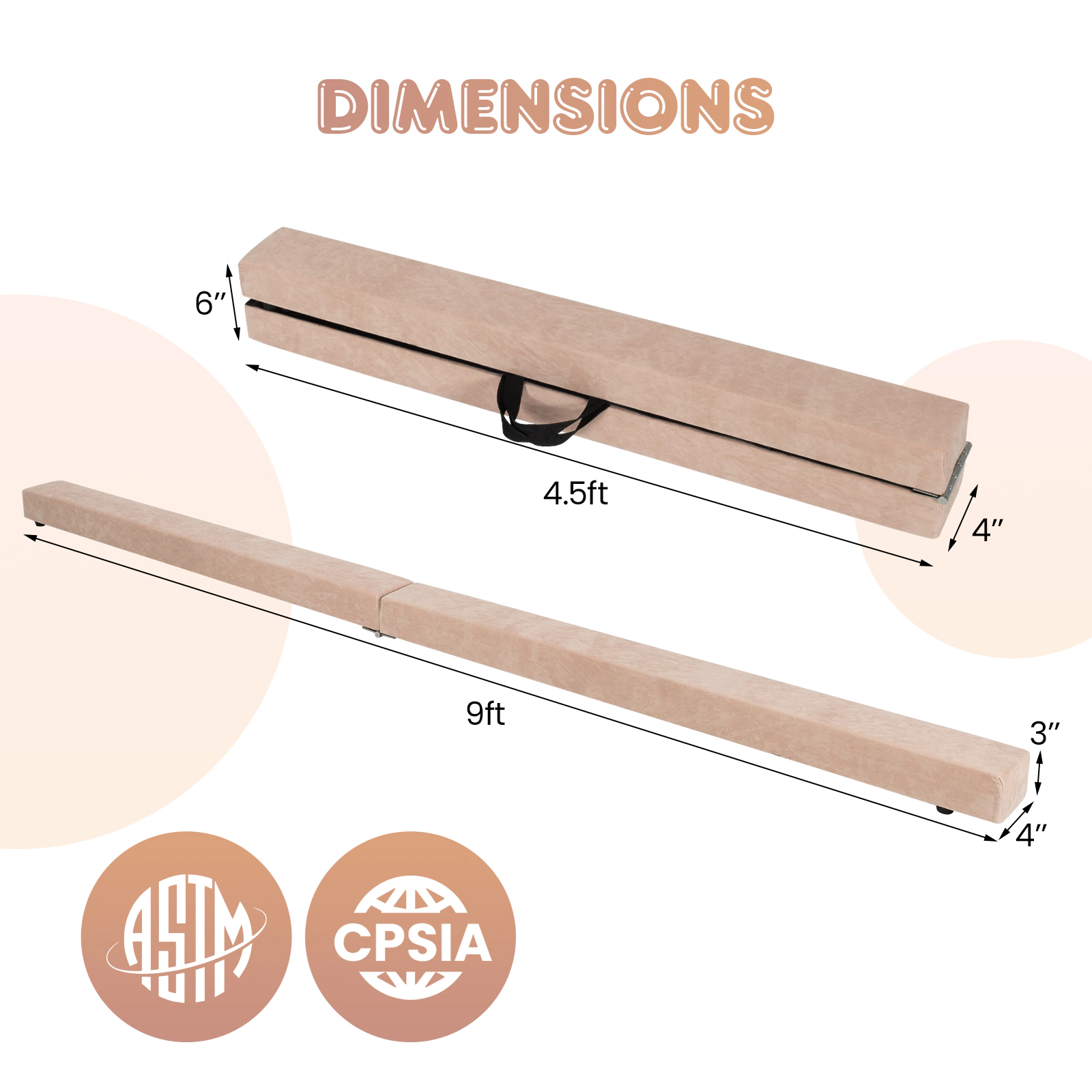 SUGIFT Kids Brown 9-ft Folding Balance Beam with Suede Cover and Anti-Slip PVC Base Ages 3-10 160-lb User Capacity