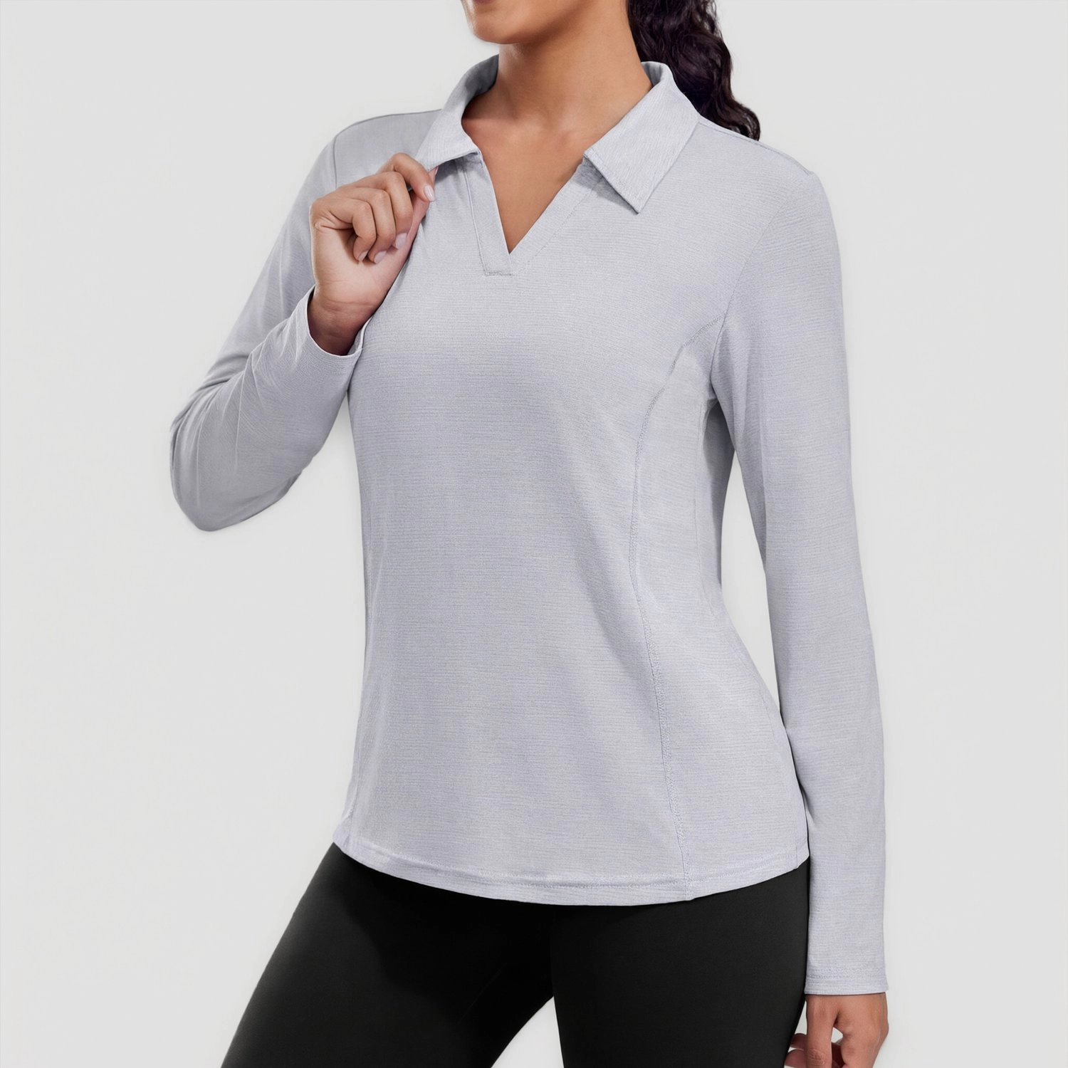 Pinspark Womens Solid Long Sleeve Polo Shirts Fall V Neck Collared Casual Tops