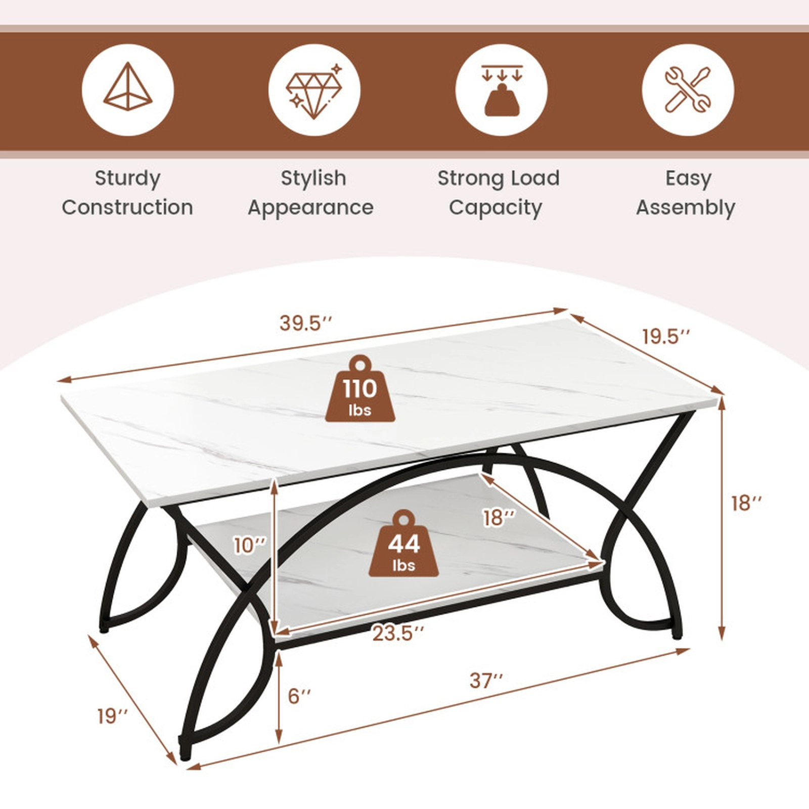 SUGIFT 39.5-in 110-lb Capacity 2-Tier Faux Marble Coffee Table with Arch Metal Frame and Bottom Shelf