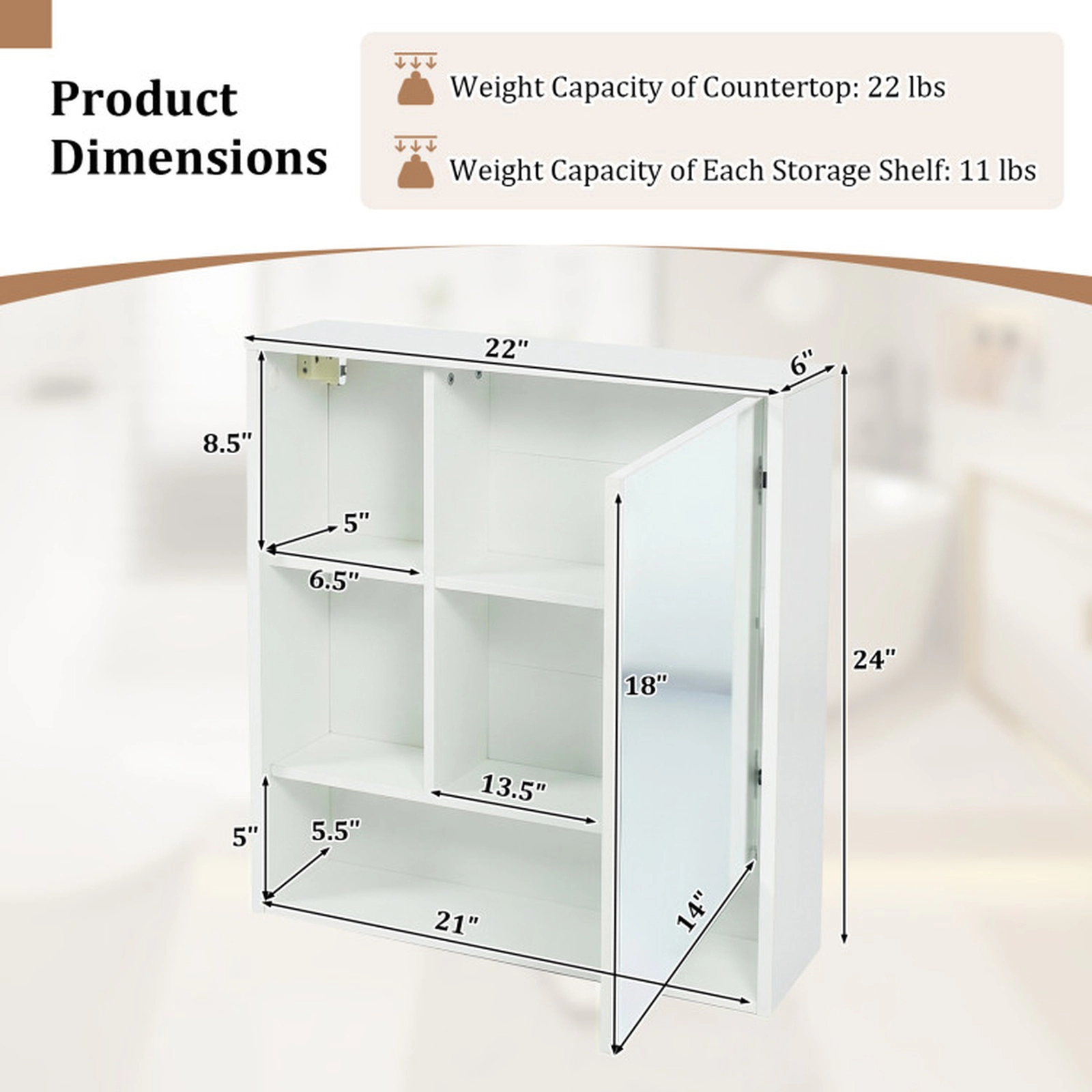SUGIFT Wall-Mounted Engineered Wood Mirror Cabinet with Hidden and Open Storage 22-lb Countertop Capacity White