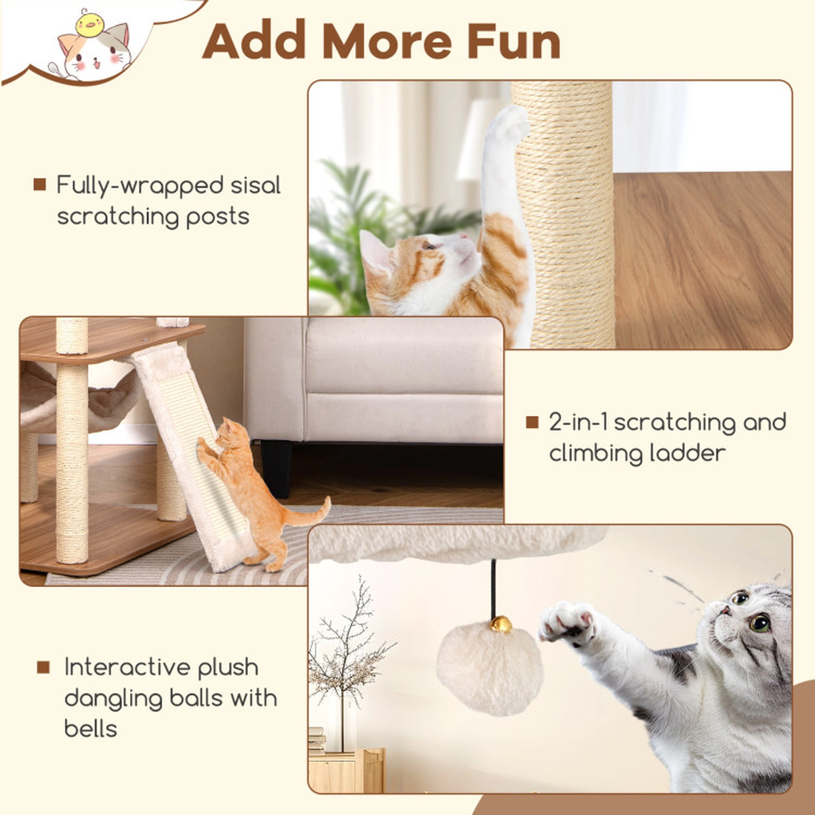 SUGIFT Cat Tree 3 Padded Perches Condo Hammock Ladder & Sisal Scratching Posts 33-lb Capacity per Layer Natural+White
