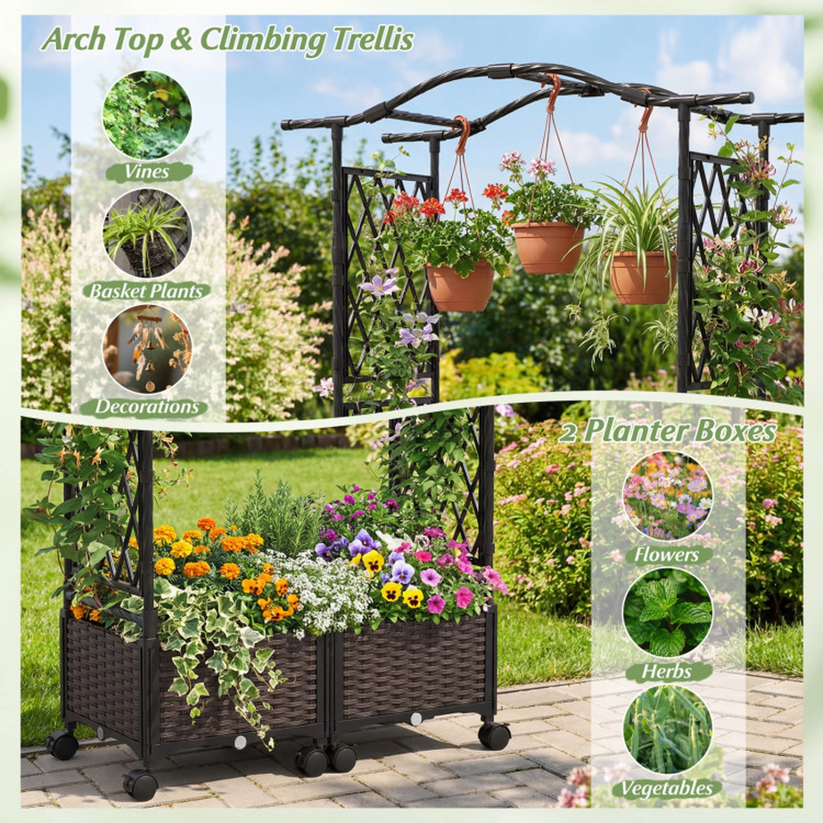 SUGIFT 5-ft Tall Raised Garden Bed with Trellis Hanging Roof and Lockable Wheels 58-in Frame Brown