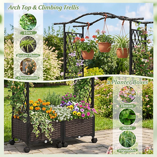 SUGIFT 5-ft Tall Raised Garden Bed with Trellis Hanging Roof and Lockable Wheels 58-in Frame Brown