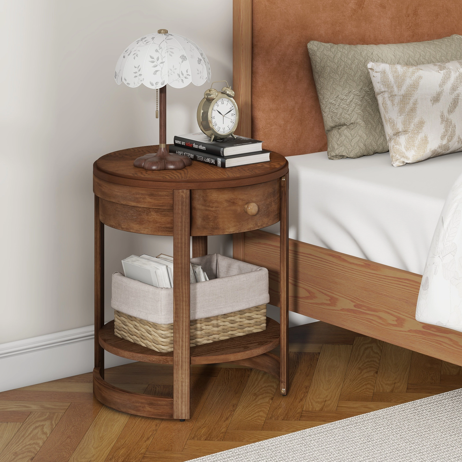 Glintex Round 2-Tier Nightstand with Drawer Open Shelf and Rubber Wood Legs