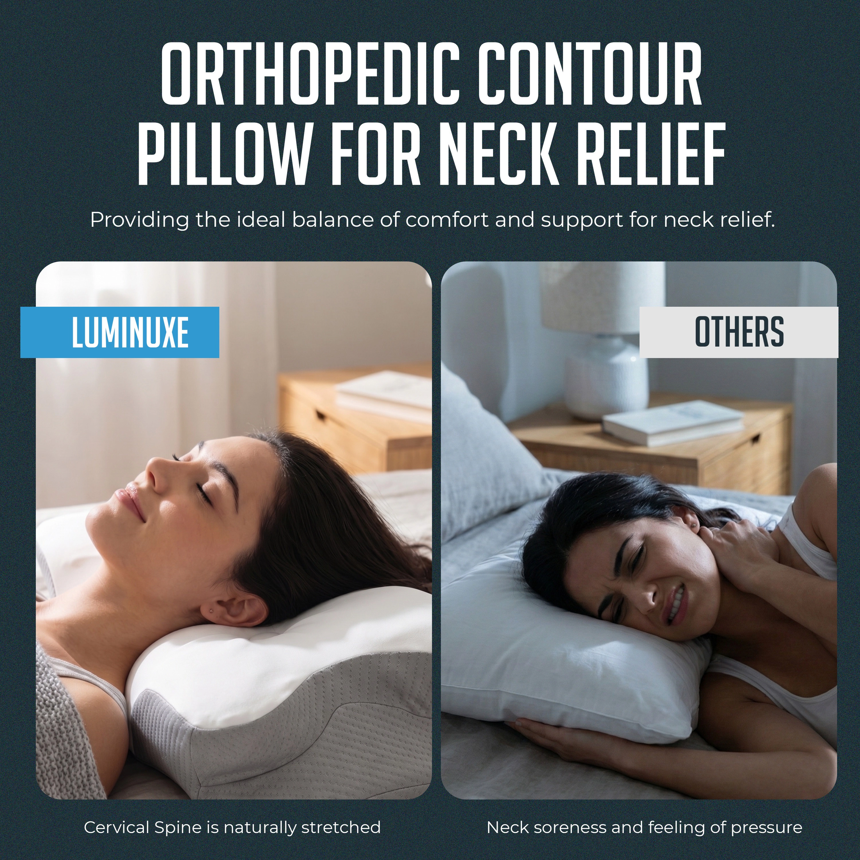 Luminuxe Cervical Memory Foam Pillow, Orthopedic Contour Neck & Shoulder Support Pillow with Removable Breathable Cover