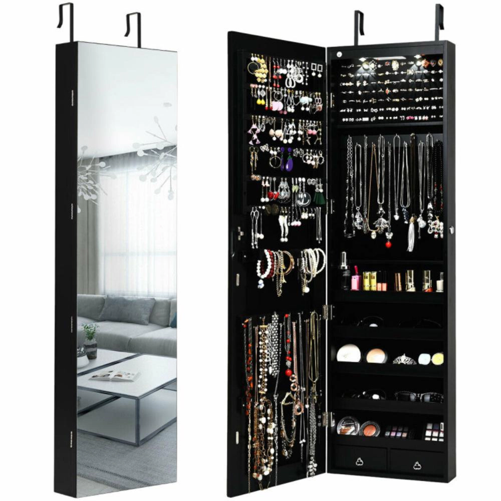 Hivvago Wall and Door Mounted Mirrored Jewelry Cabinet with Lights