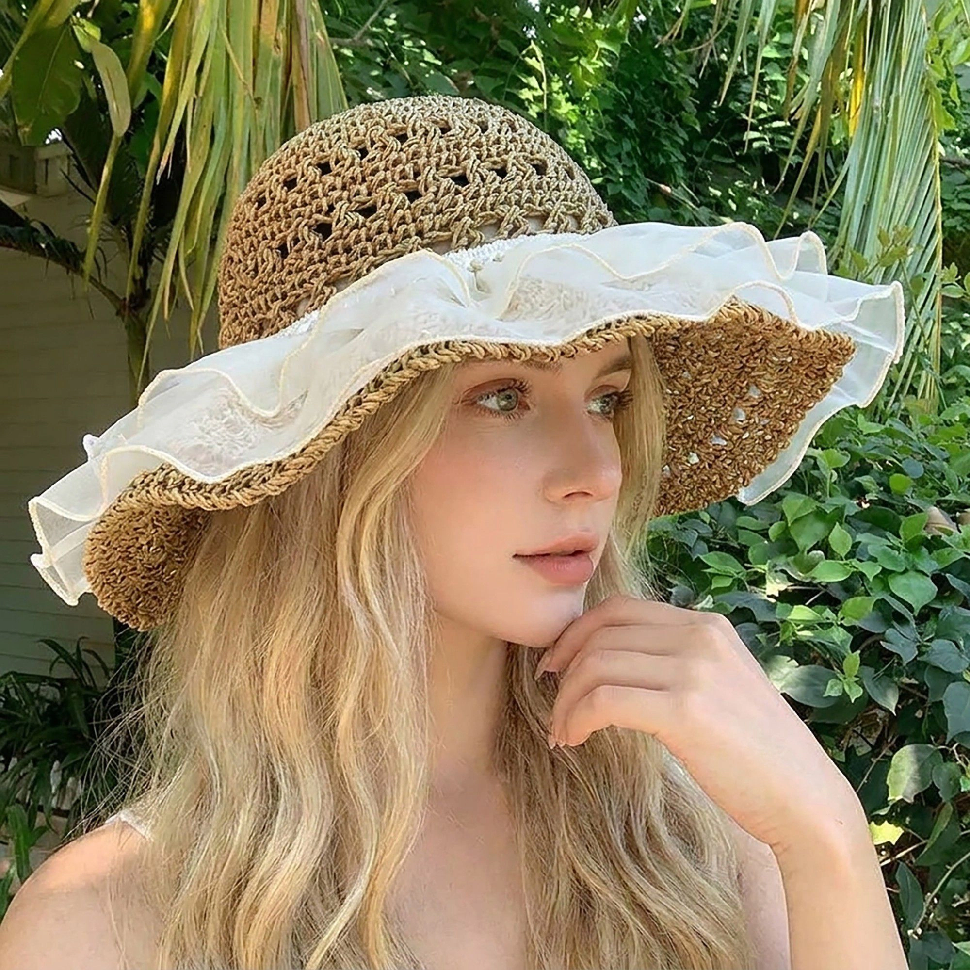 Anna-Kaci Women's Crochet Sun Hat with Sheer Ruffle Wide Brim and Pearl Trim Detail