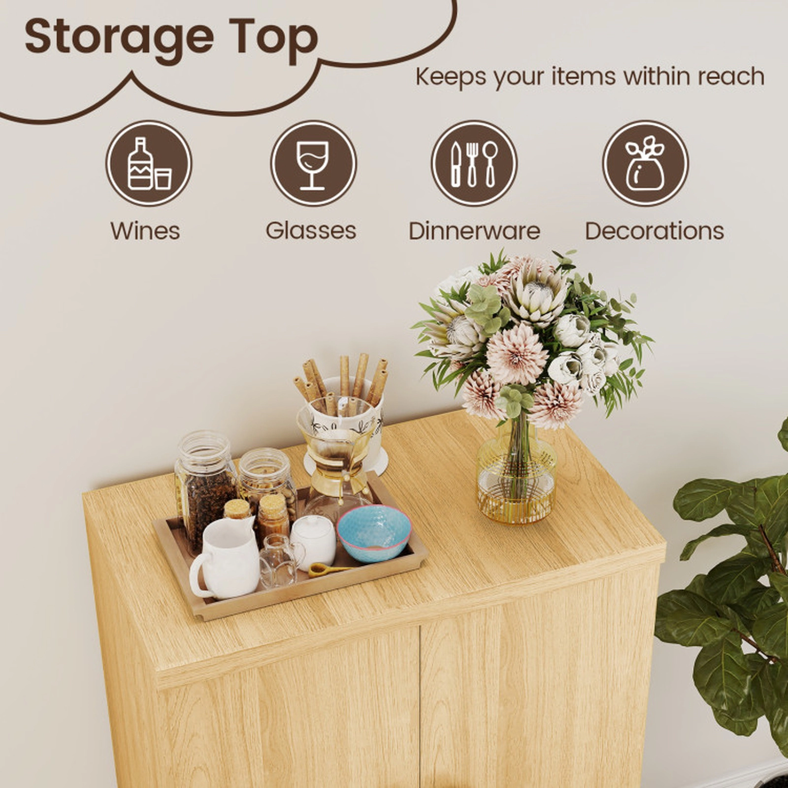 SUGIFT 23.5-in 45-lb Shelf 37.5-in Tall Natural Buffet Cabinet with Double Doors Removable Shelves and Raised Legs