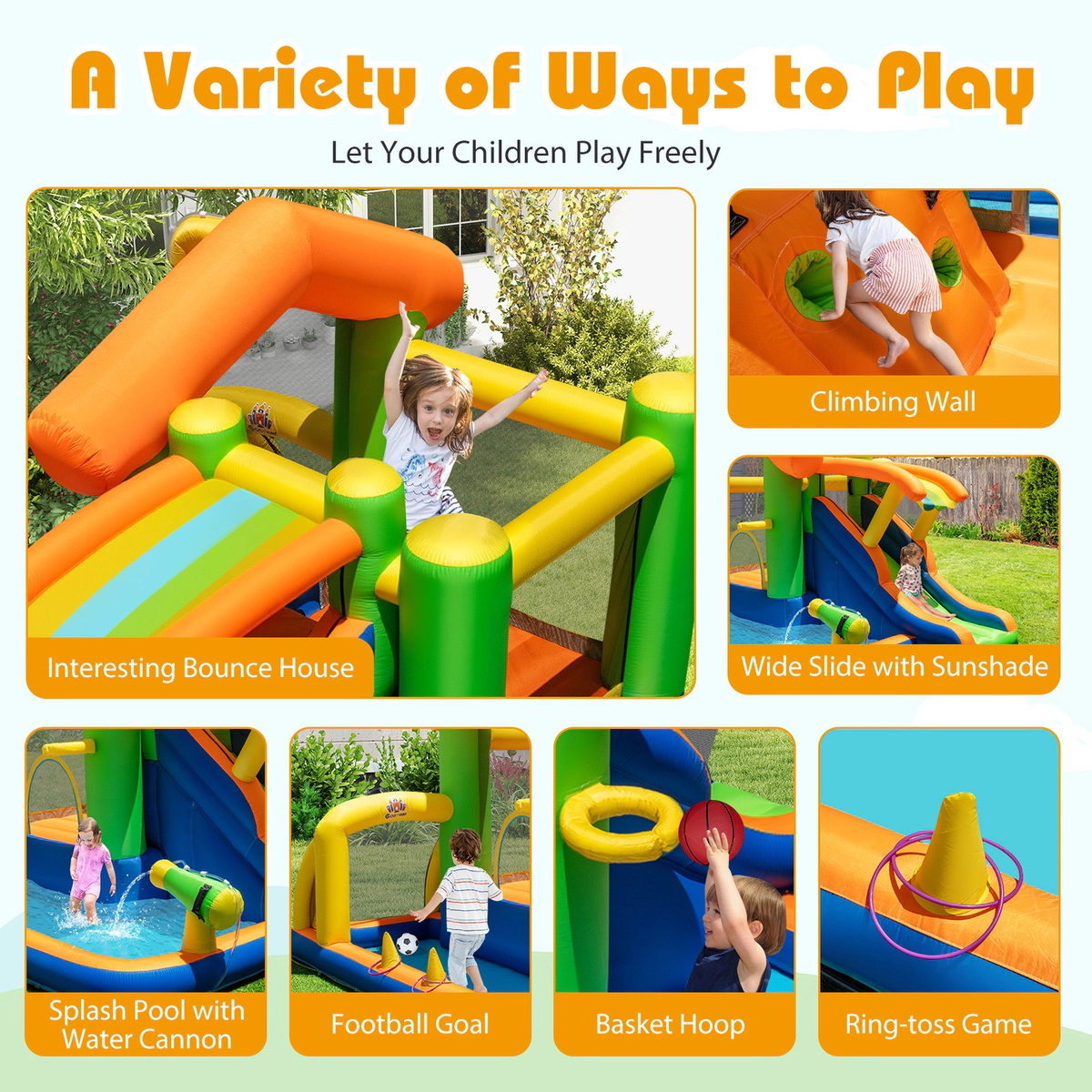 SUGIFT 8-in-1 Inflatable Bounce House Water Park with Climbing Wall Water Cannon and Splash Pool