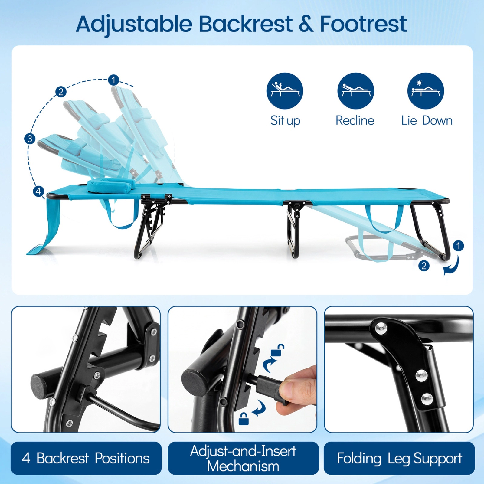 SUGIFT Adjustable Folding Face Down Tanning Chair with Face Hole and 3 Removable Pillows 330-lb Capacity Turquoise