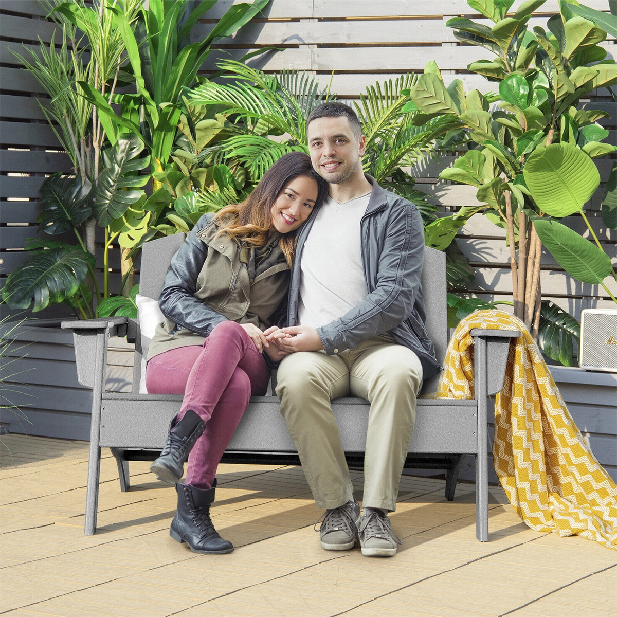 SUGIFT Gray HDPE Adirondack Loveseat Chair with Wide Armrests 49.5-in W 34-in D 34-in H 660-lb Seat Capacity