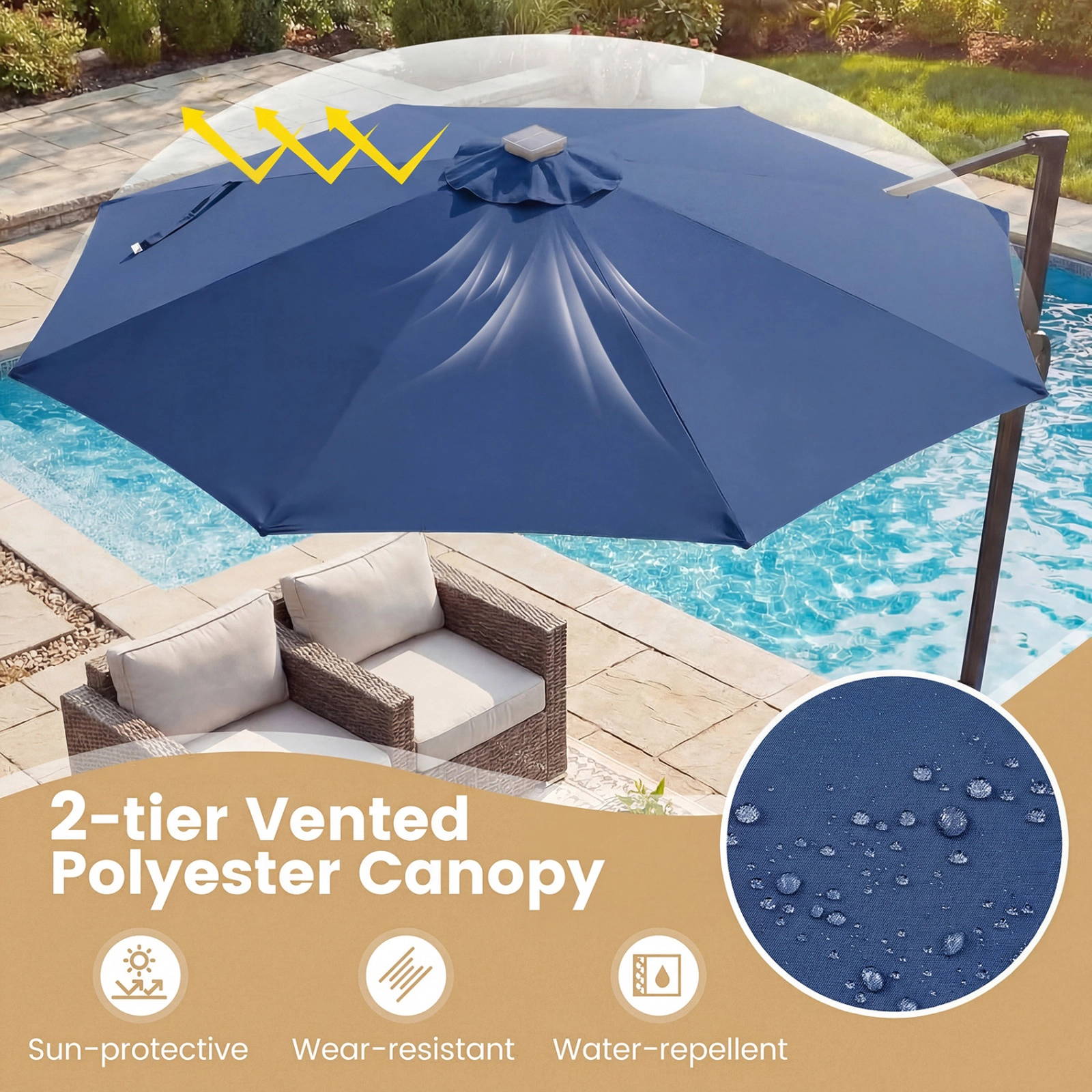 SUGIFT 10 ft Navy Blue Cantilever Patio Umbrella, 6-Level Tilt, 360-Degree Rotation, Solar LED Lights