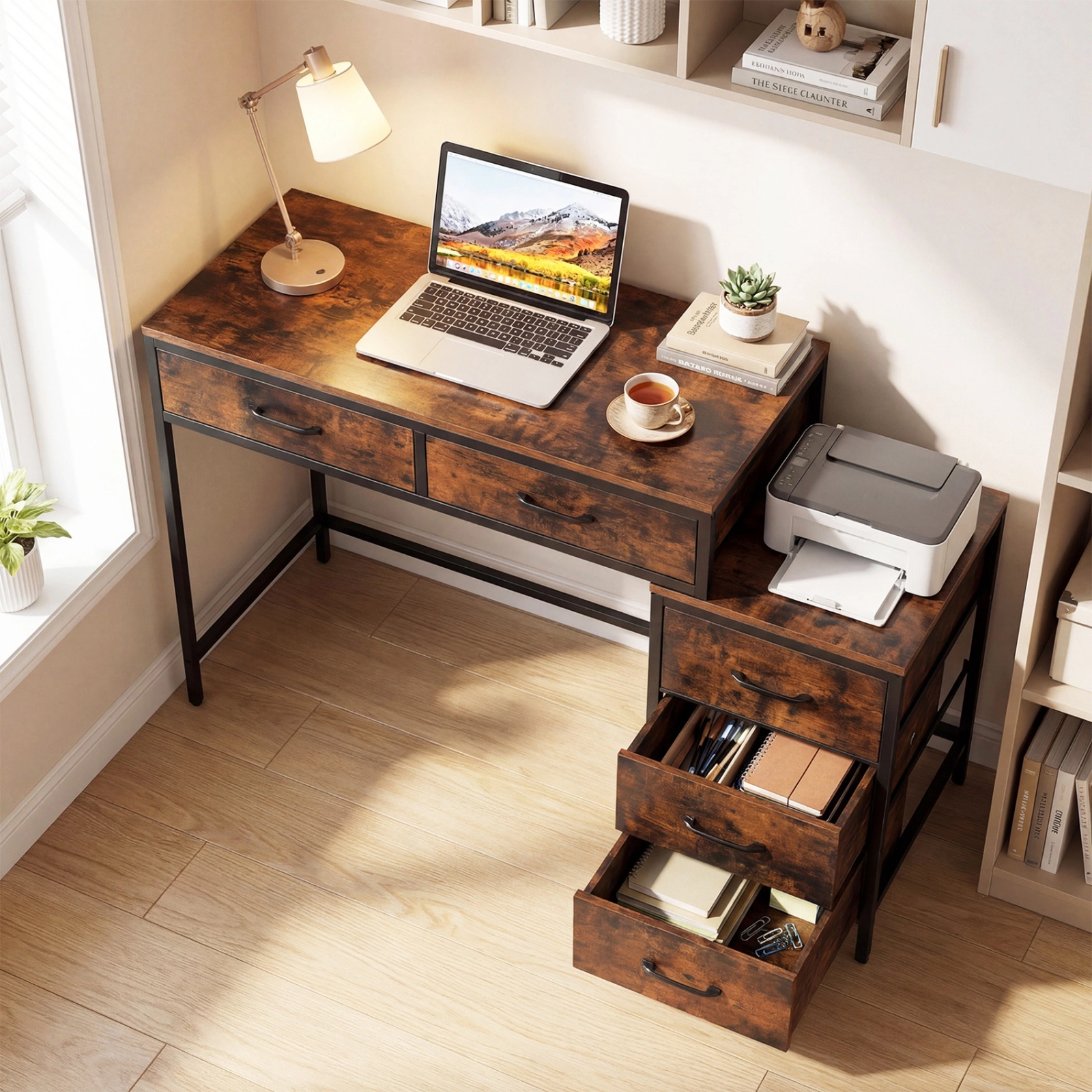 SUGIFT 51-Inch Rustic Brown Computer Desk with 5 Drawers, Printer Stand and Reversible Storage Tower