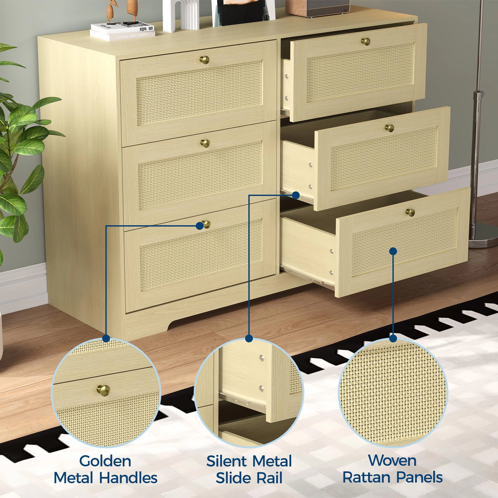 Rattan 6 Drawer Dresser, Modern Boho Wooden Storage Chest with Metal Handles for Bedroom