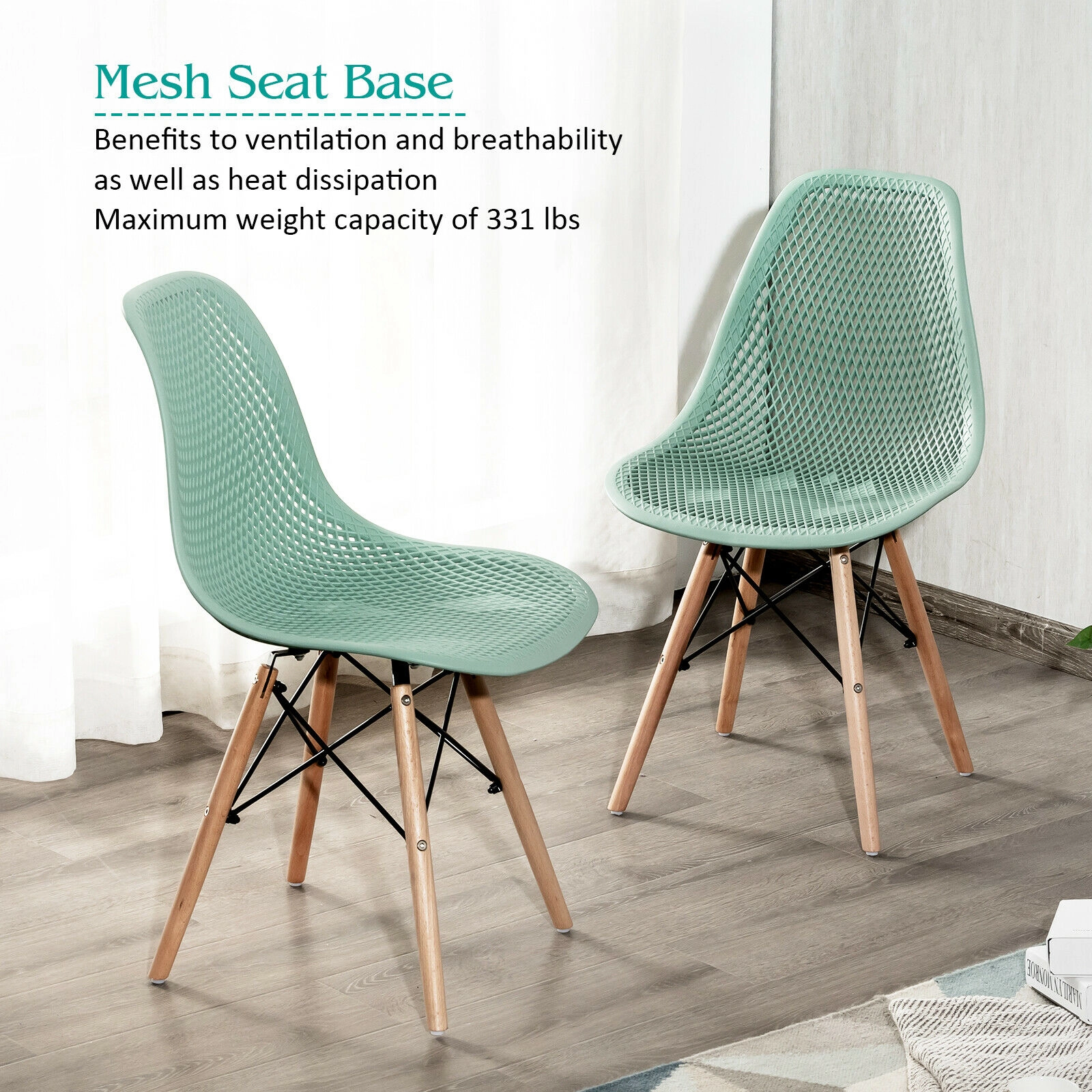 SUGIFT Modern Mesh Plastic Dining Side Chair Set with Beech Wood Legs 331-lb Capacity Green 4-Piece