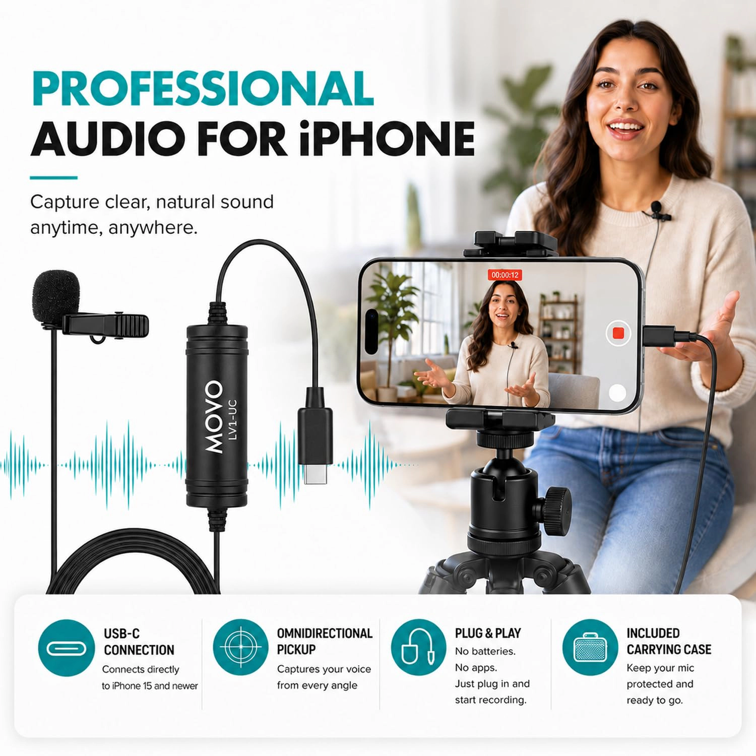 Movo LV1-UC USB-C Lavalier Microphone for iPhone 15, 16 and 17 – Clip-On