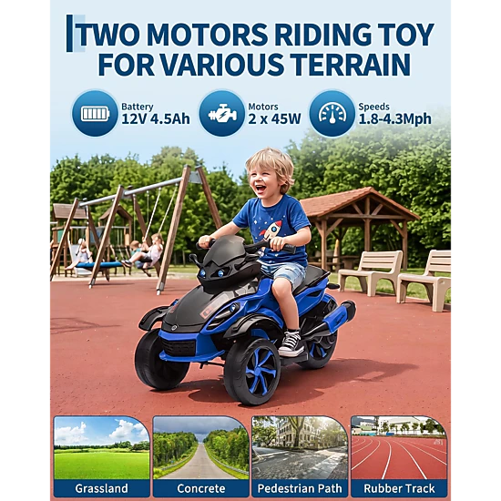 Enjyam 12V Kids Ride-On ATV, 3-Wheeler Electric Motorcycle, LED Lights, Music, Treaded Tires, 66Lbs