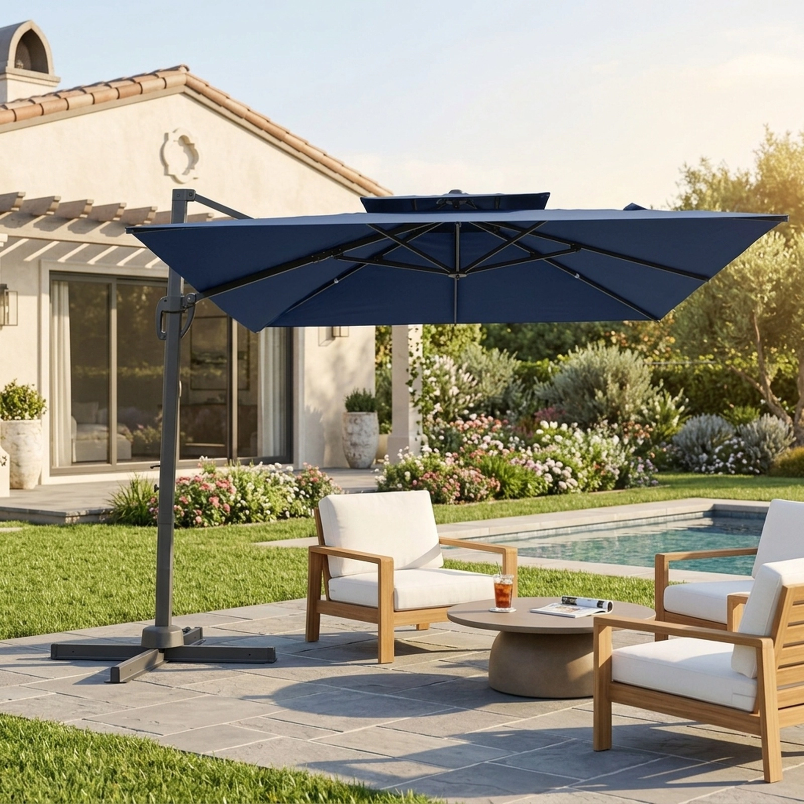 SUGIFT 10-ft Navy Blue Cantilever Patio Umbrella, Aluminum Pole, 8 Ribs, 40-in Cross Base