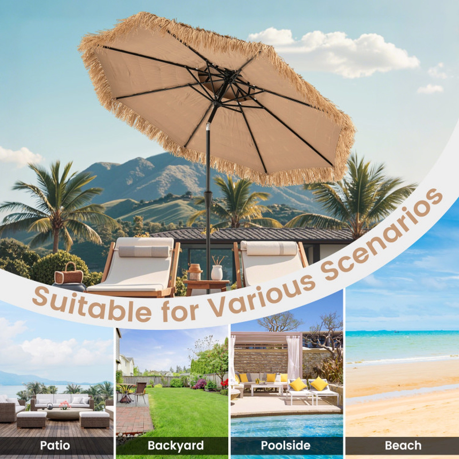 SUGIFT 10-ft Brown 2-Tier Tiki Patio Umbrella, Crank Lift, Push-Button Tilt