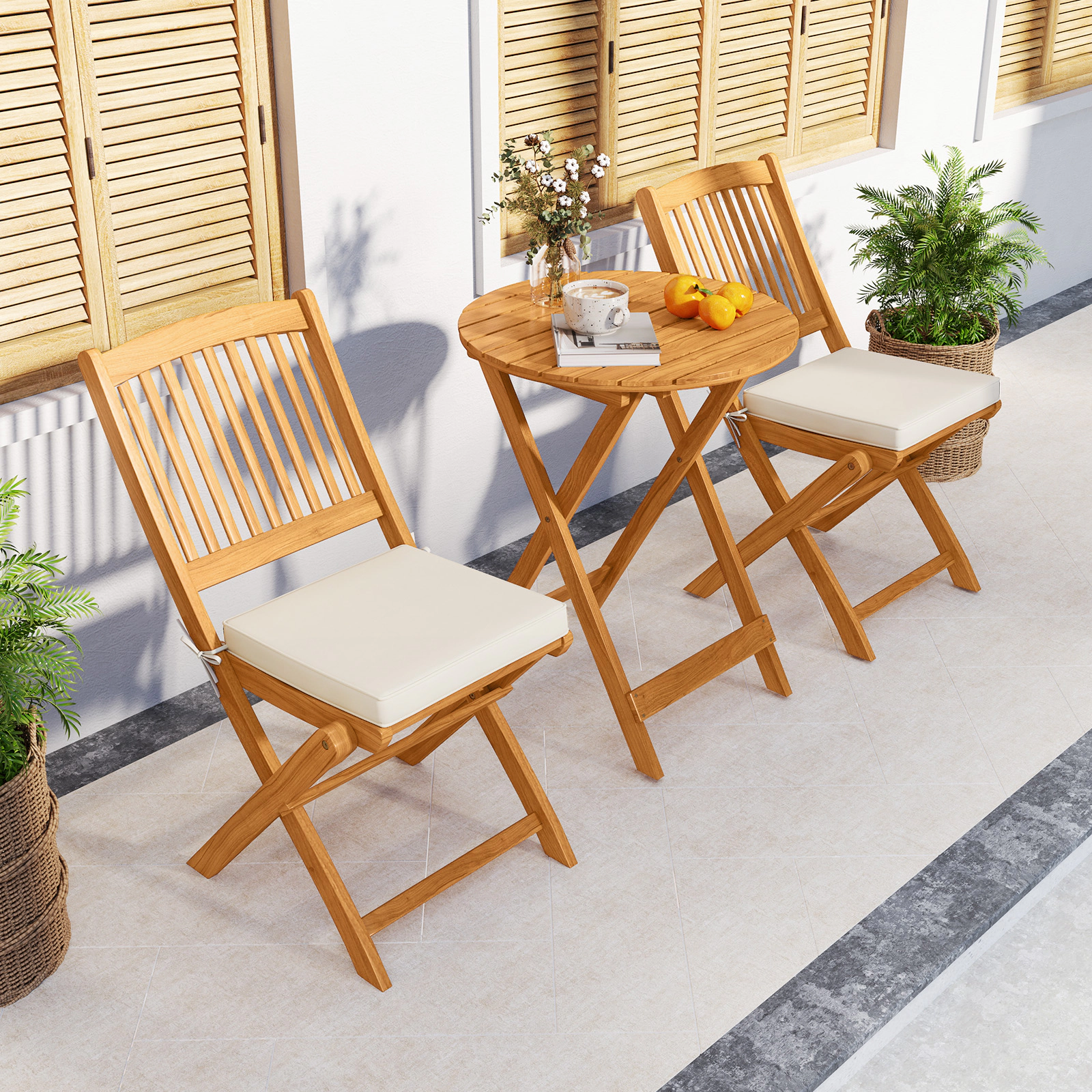 LJG 3 Pieces Acacia Wood Patio Folding Bistro Set with Soft Cushions
