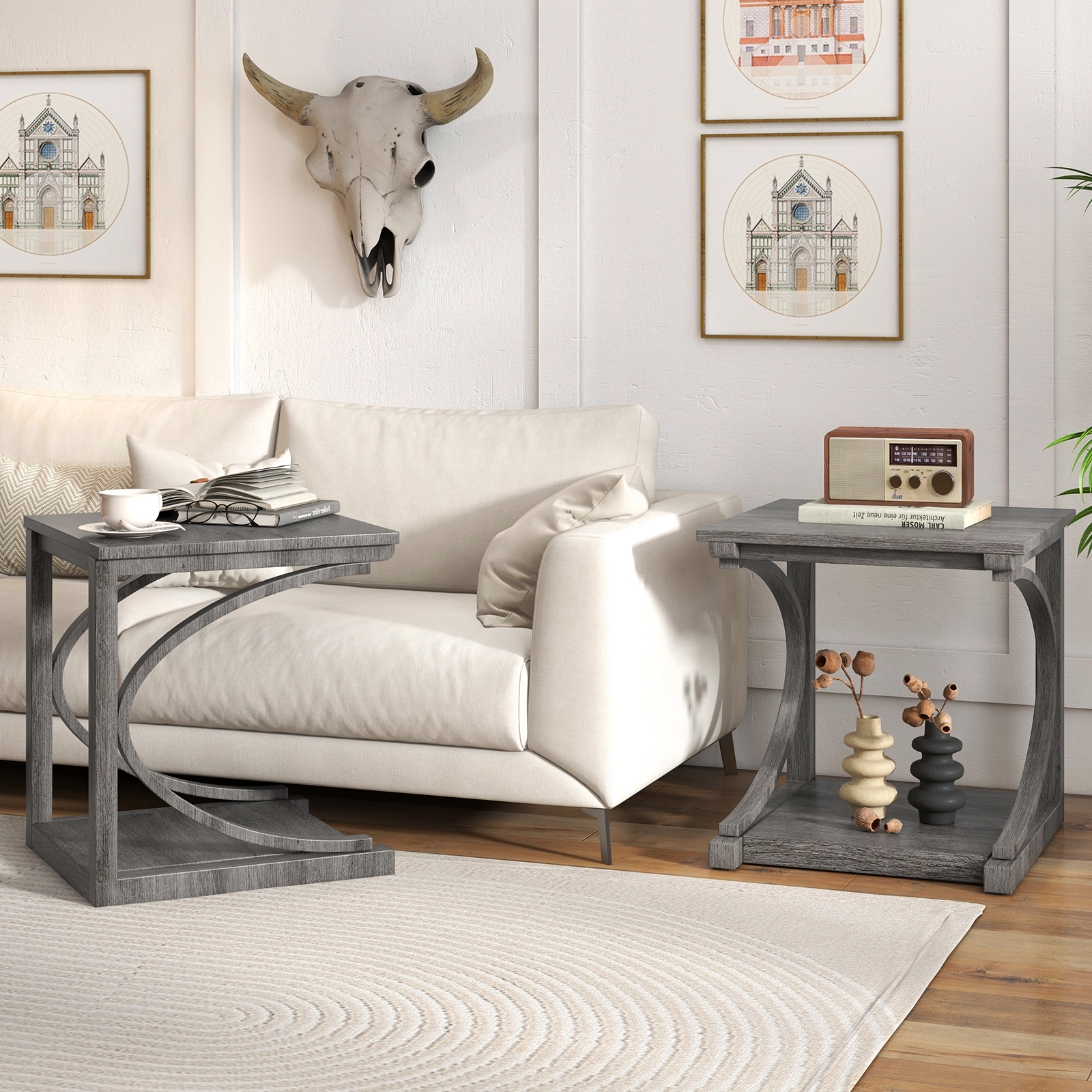 Slickblue Sofa End Table with Storage Shelf, C Shaped Accent Table for Living Room Bedroom Gray