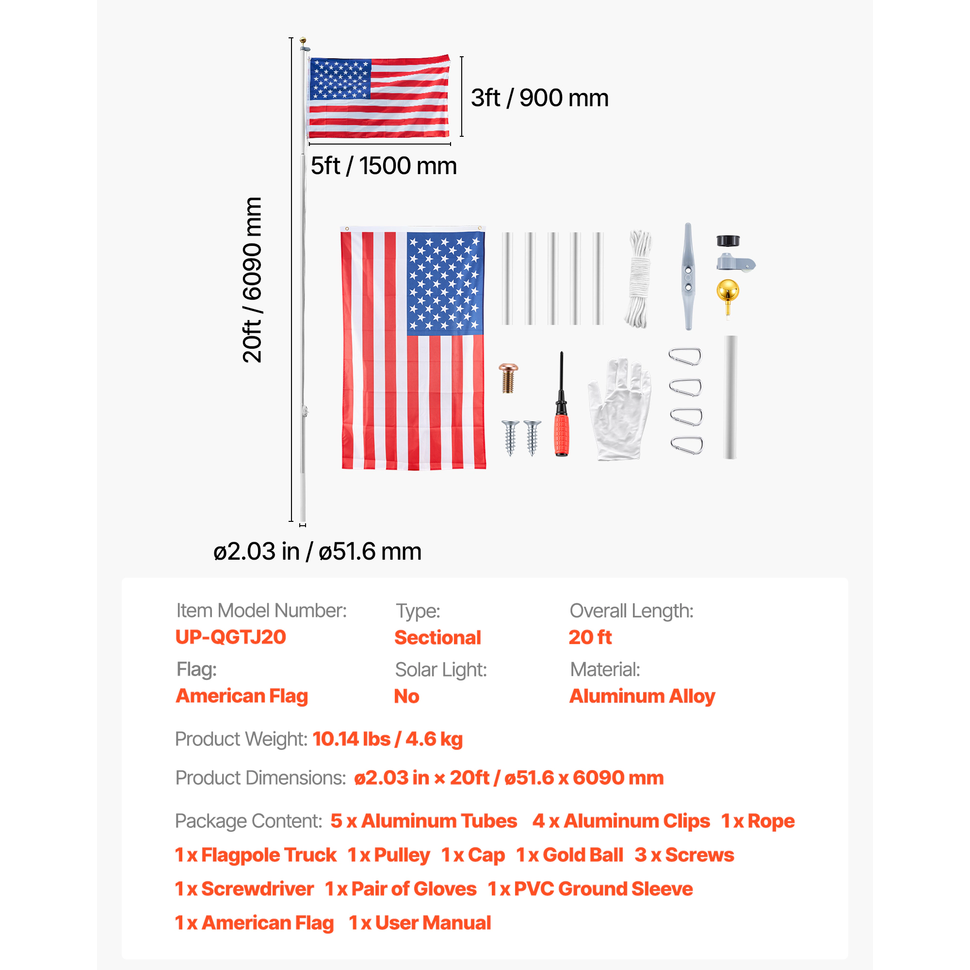 HONGGE 20 ft Sectional Flag Pole Kit, Heavy Duty Aluminum In-Ground Flagpole with 3x5 American Flag