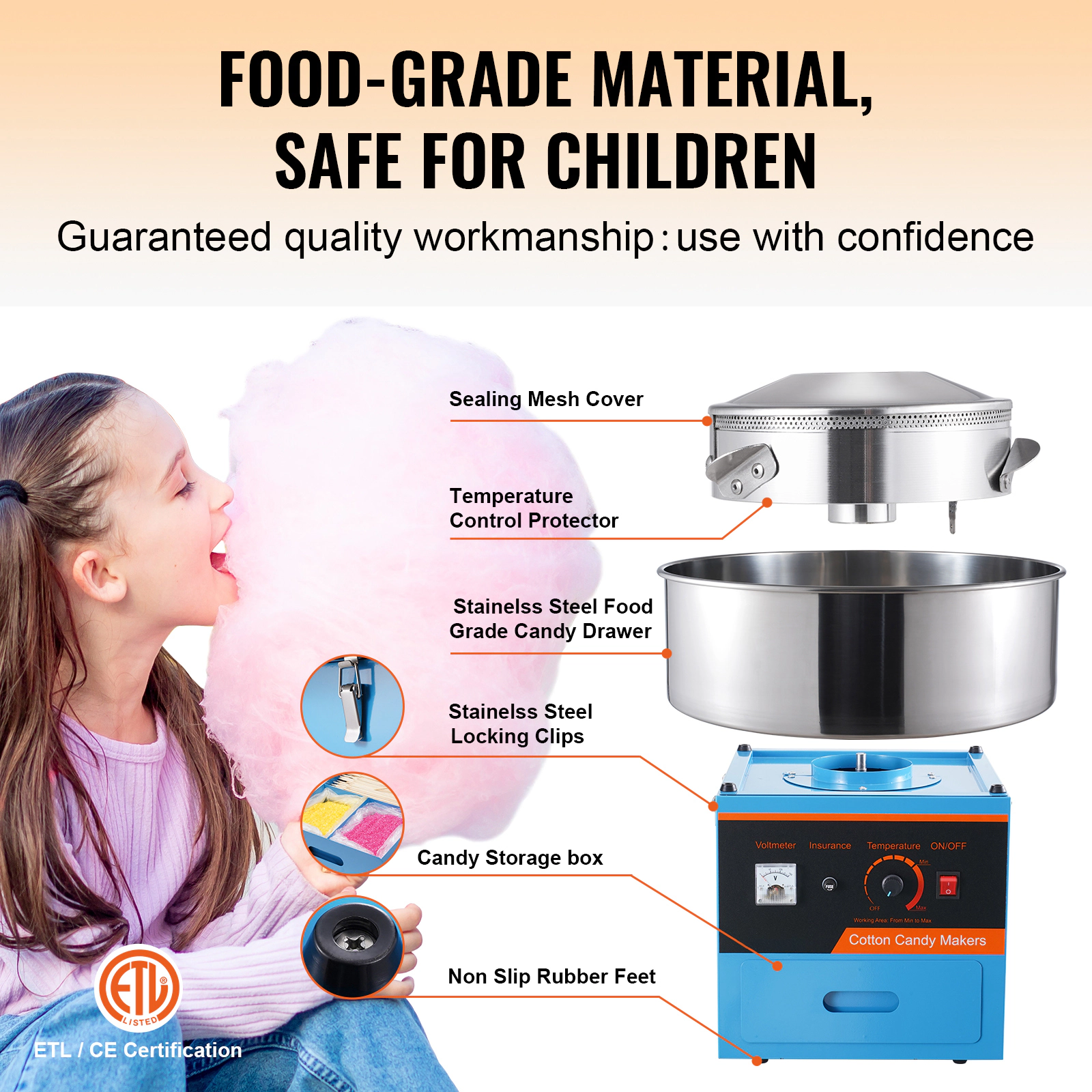 HONGGE Electric Cotton Candy Machine 1000W Floss Maker Commercial with Stainless Steel Bowl