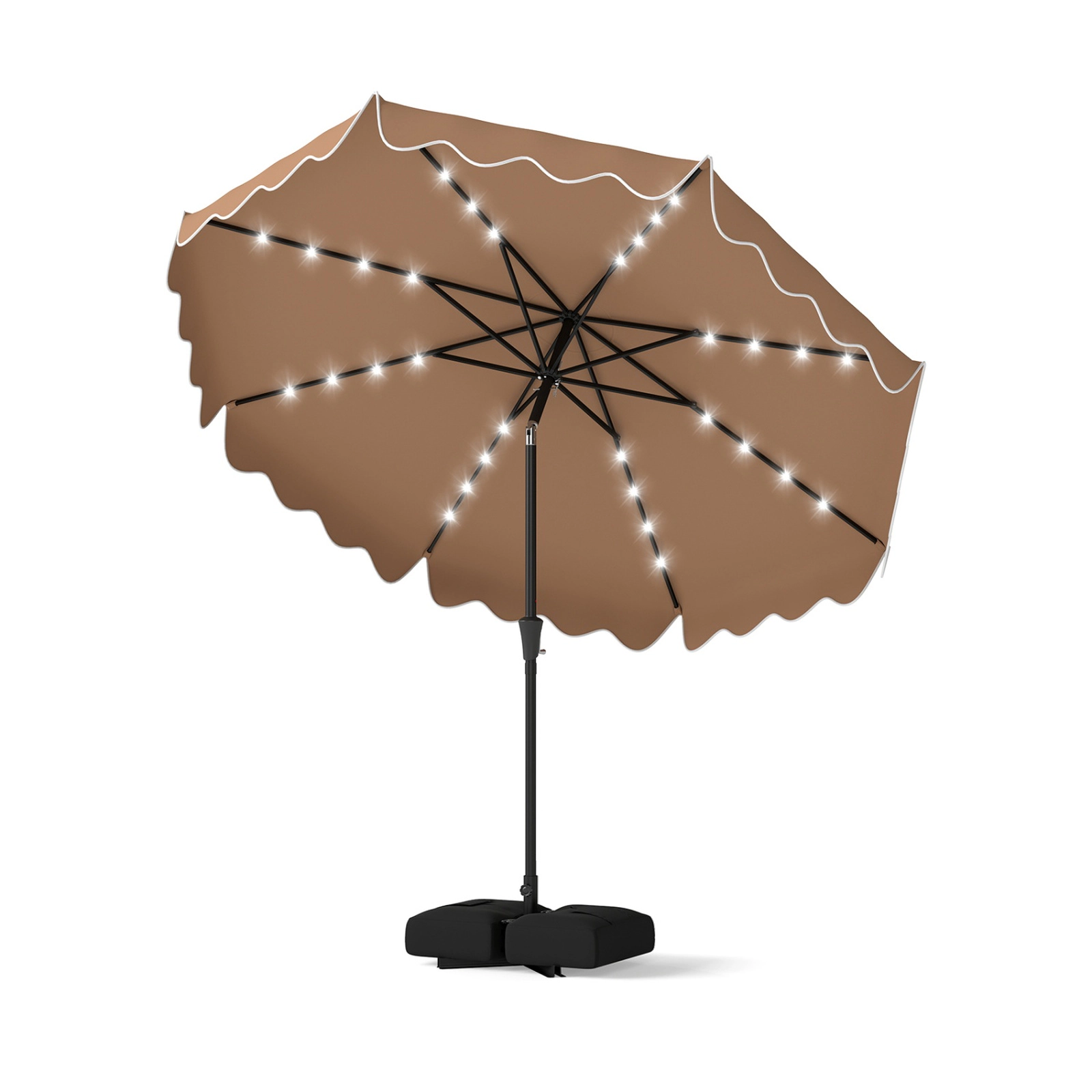 SUGIFT 10-ft Solar LED Outdoor Patio Umbrella with Crank Tilt Weighted Base and Sandbags 20-lb Net Weight Brown