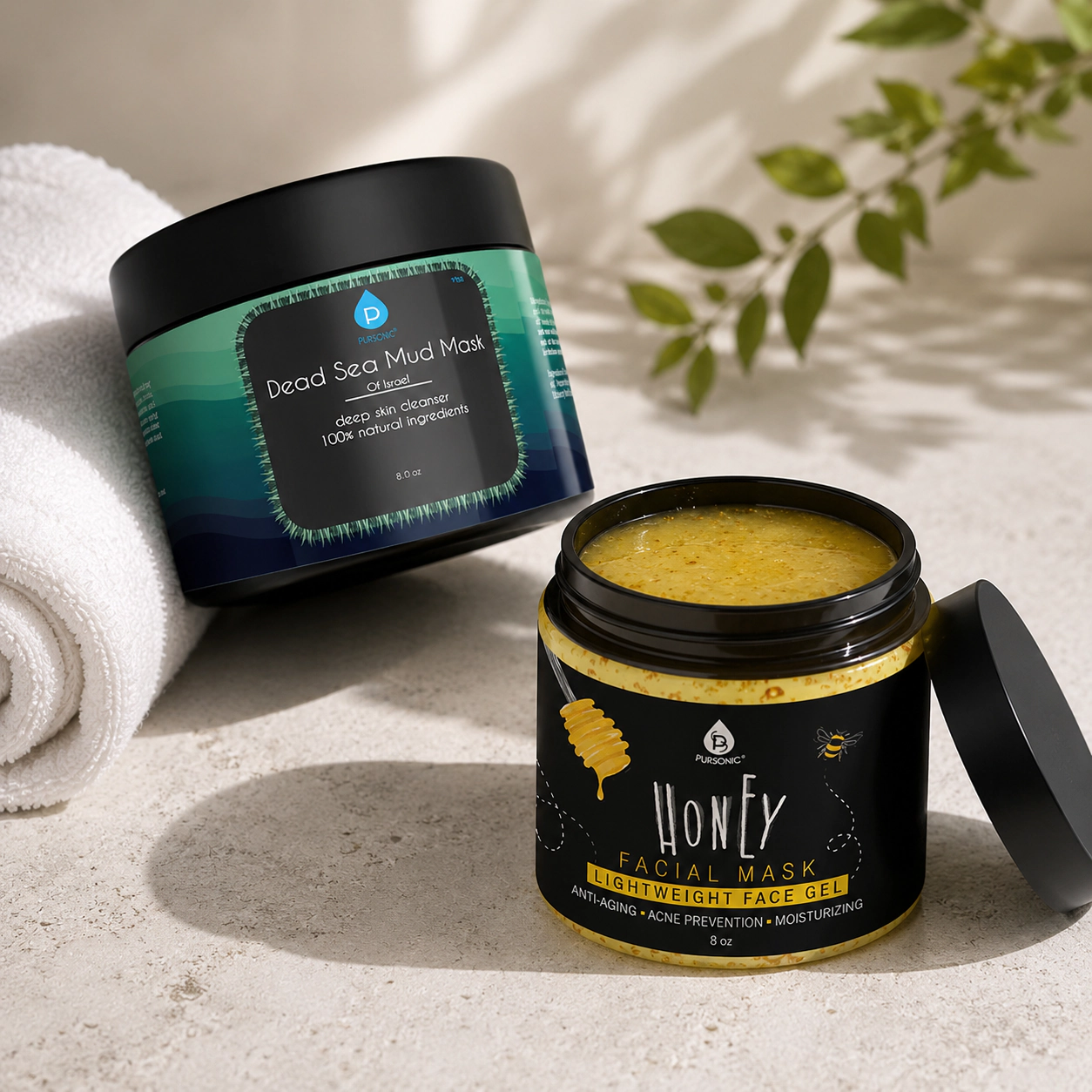 Pursonic Unisex Natural Skincare Treatment Bundle – Dead Sea Mud Mask & Honey Hydrating Facial Mask Set