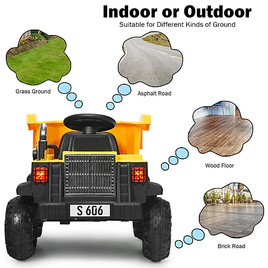 Glintex 12V Kids Ride-On Dump Truck with Electric Bucket and Detachable Shovel, Yellow