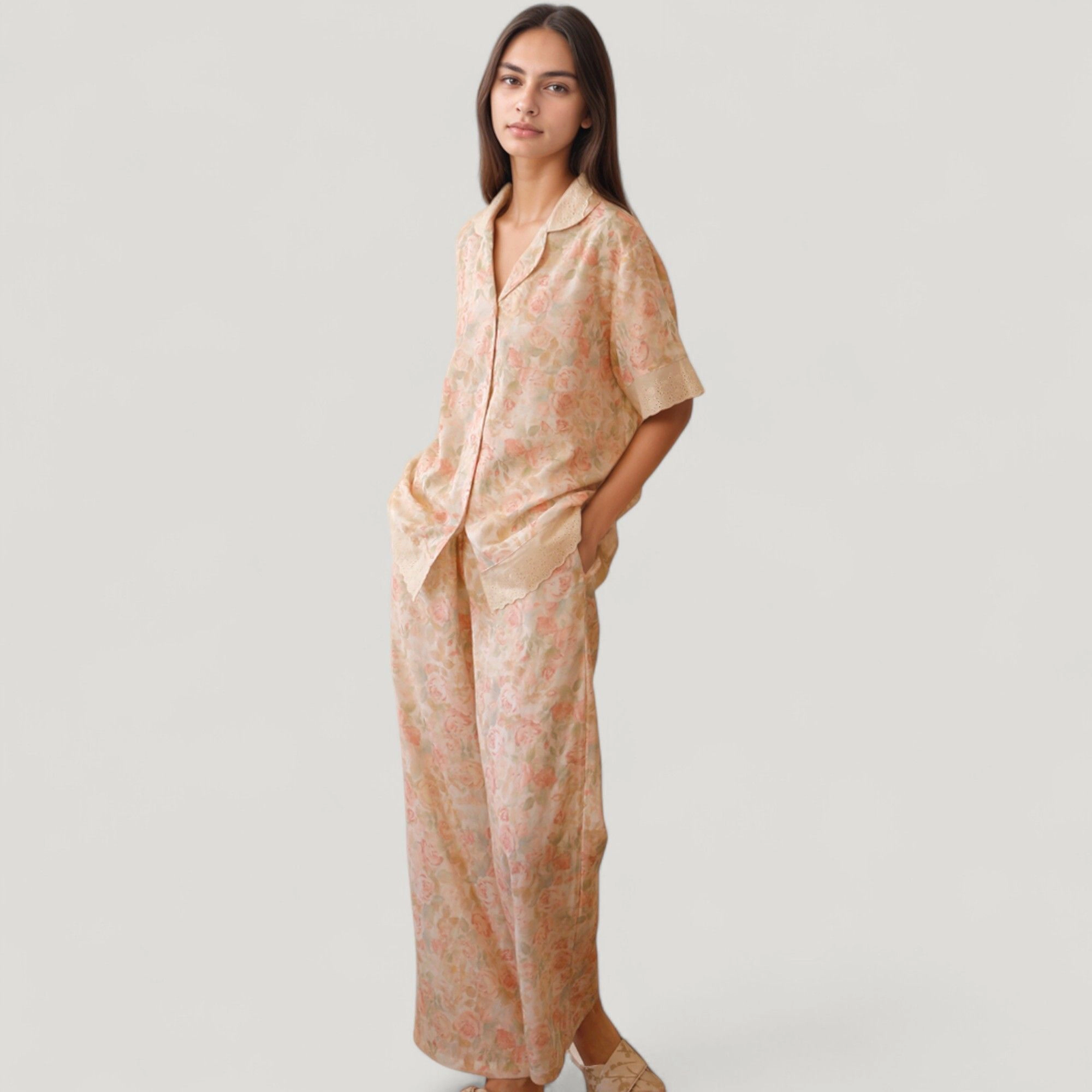 Anna-Kaci Women's Floral Lace Trim Pajama Set Short Sleeve Button Top with Matching Wide Leg Lounge Pants