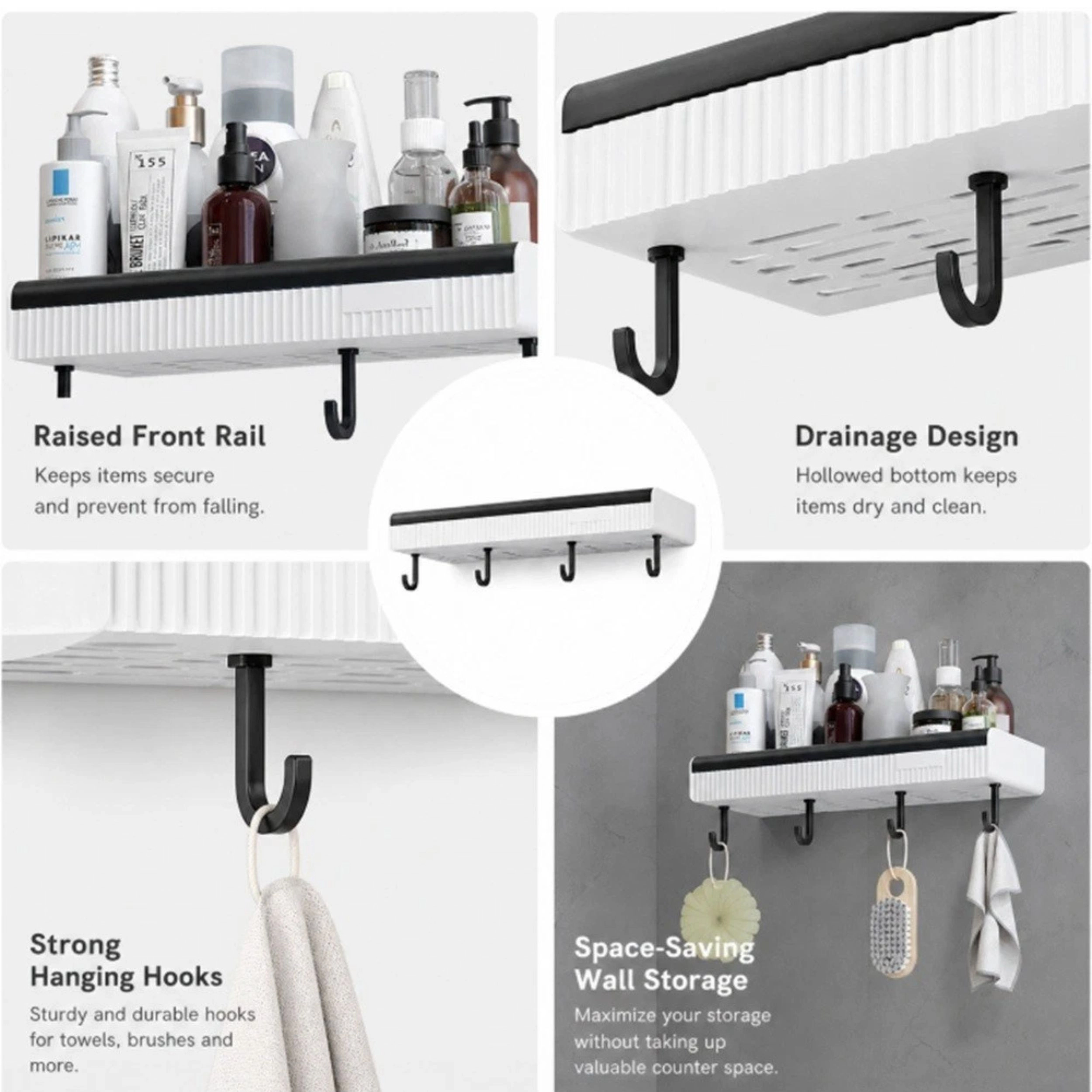 Home Collection Adhesive Shower Shelf No-Drill Bathroom Organizer Rack with 4 Hooks
