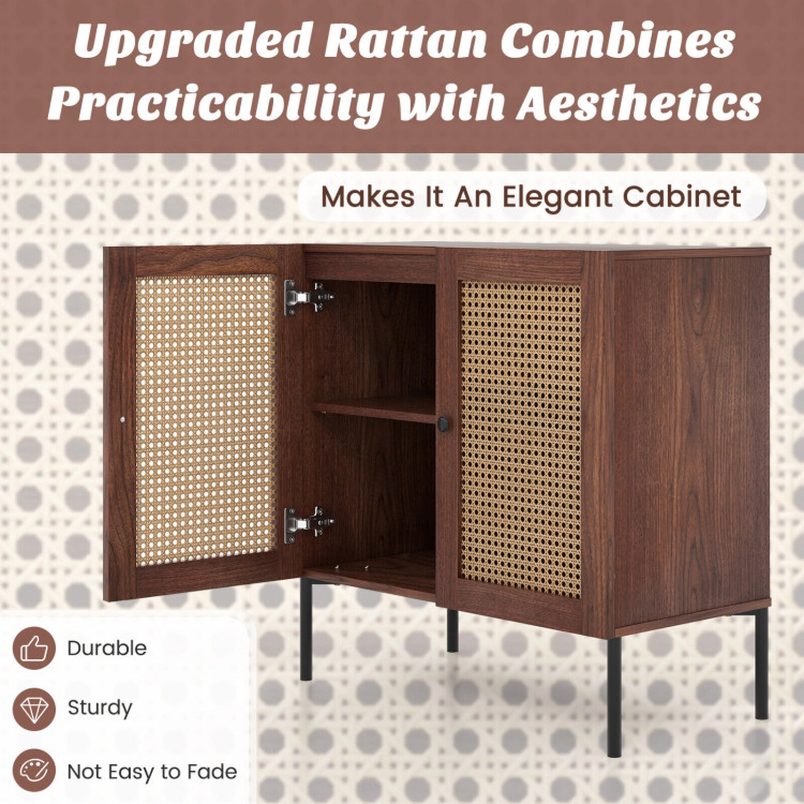 SUGIFT 31.5-in 135-lb Tabletop Walnut Sideboard with 2 Rattan-Decorated Doors Adjustable Shelf and Metal Legs