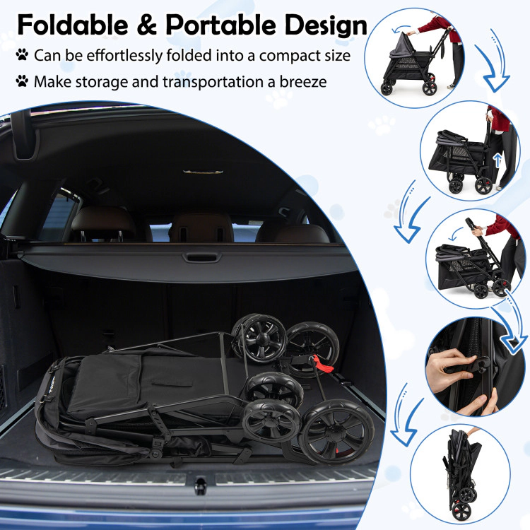 SUGIFT 44 x 40-in 66-lb Capacity Black Foldable Dog Stroller with Detachable Ramp Door and Shock-Absorbing Wheels