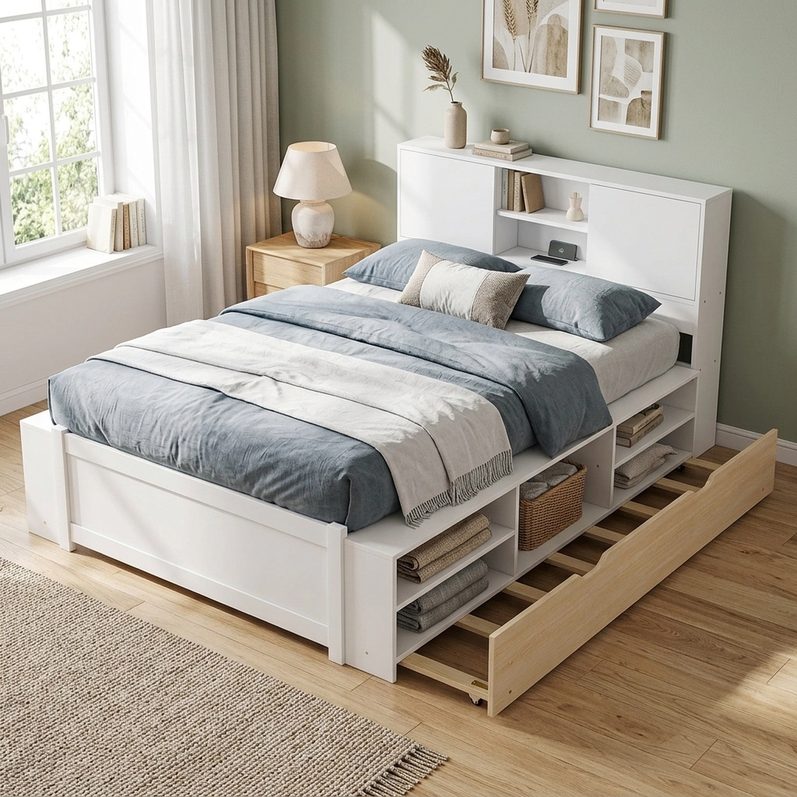 Twin Size Bed Frame with Trundle and Power Outlets Solid Wood Kids Bed with Storage Headboard Bedside Shelves White