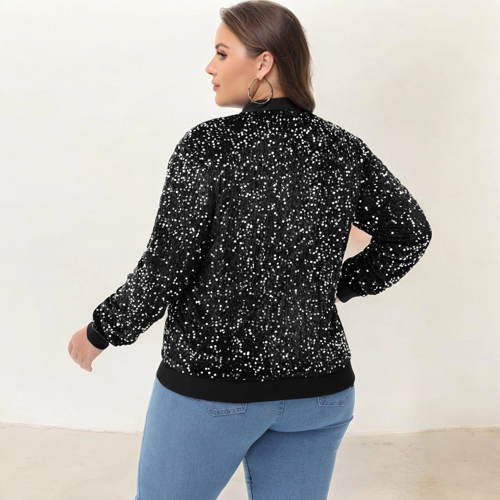 Anna-Kaci Women's Plus Sequin Zip-Up Bomber Jacket with Pockets