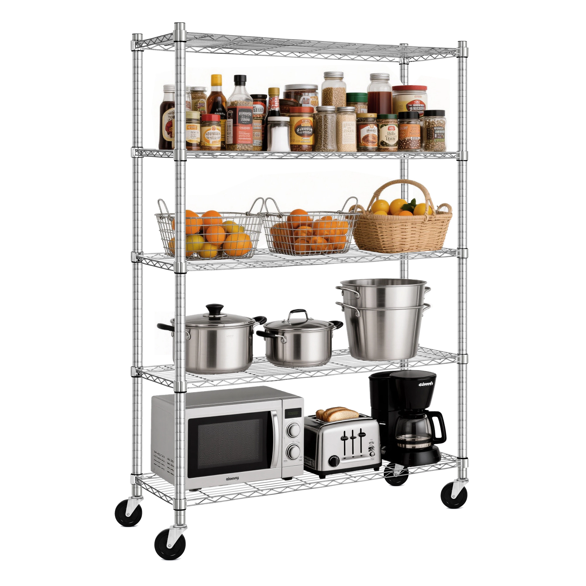 Flynama 5-Tier Steel Shelving Unit on Wheels, Adjustable, Chrome (47.2"W x 75.6"H x 17.7"D)