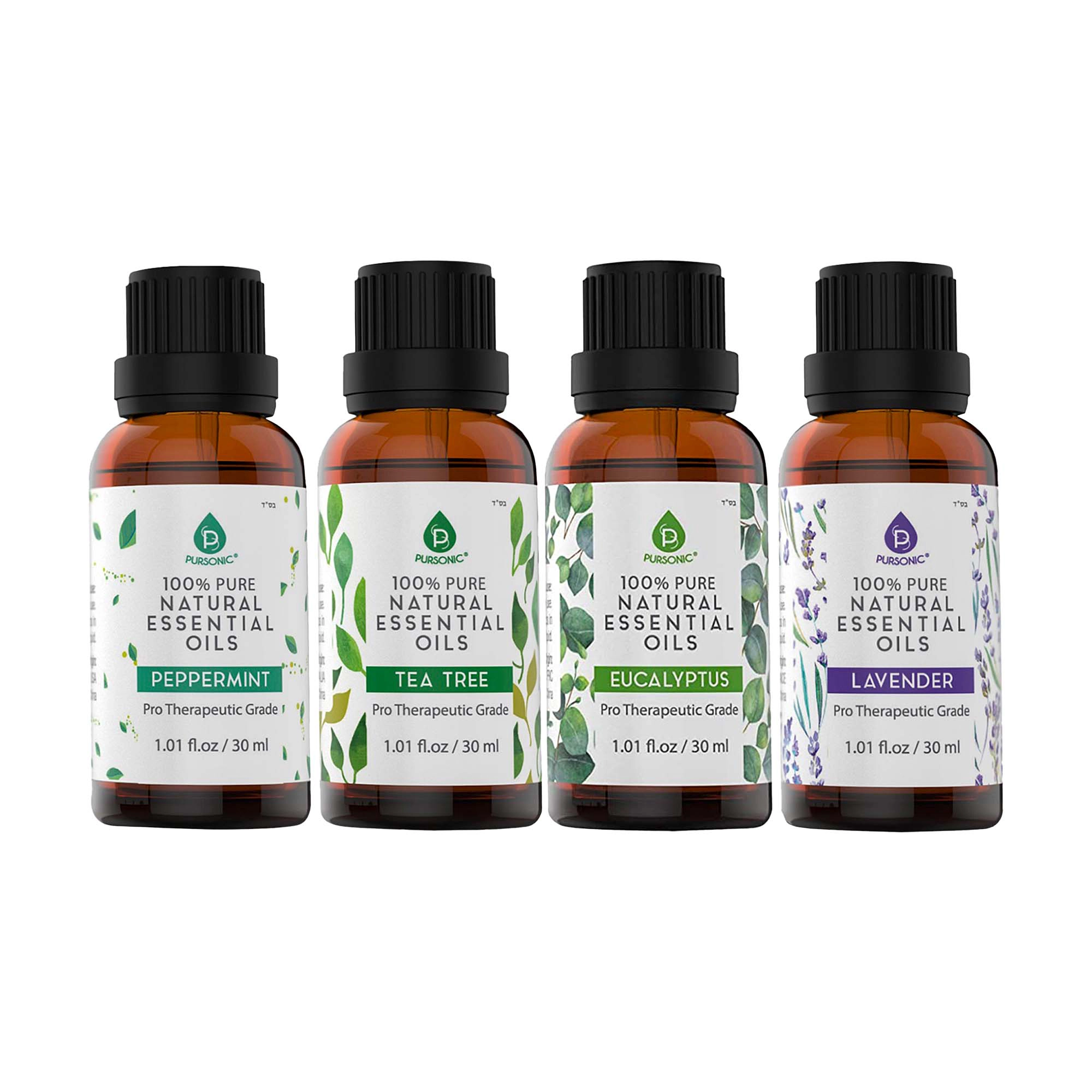 Pursonic Unisex 4-Pack Pure & Natural Essential Oils Collection – Eucalyptus, Lavender, Tea Tree, and Peppermint