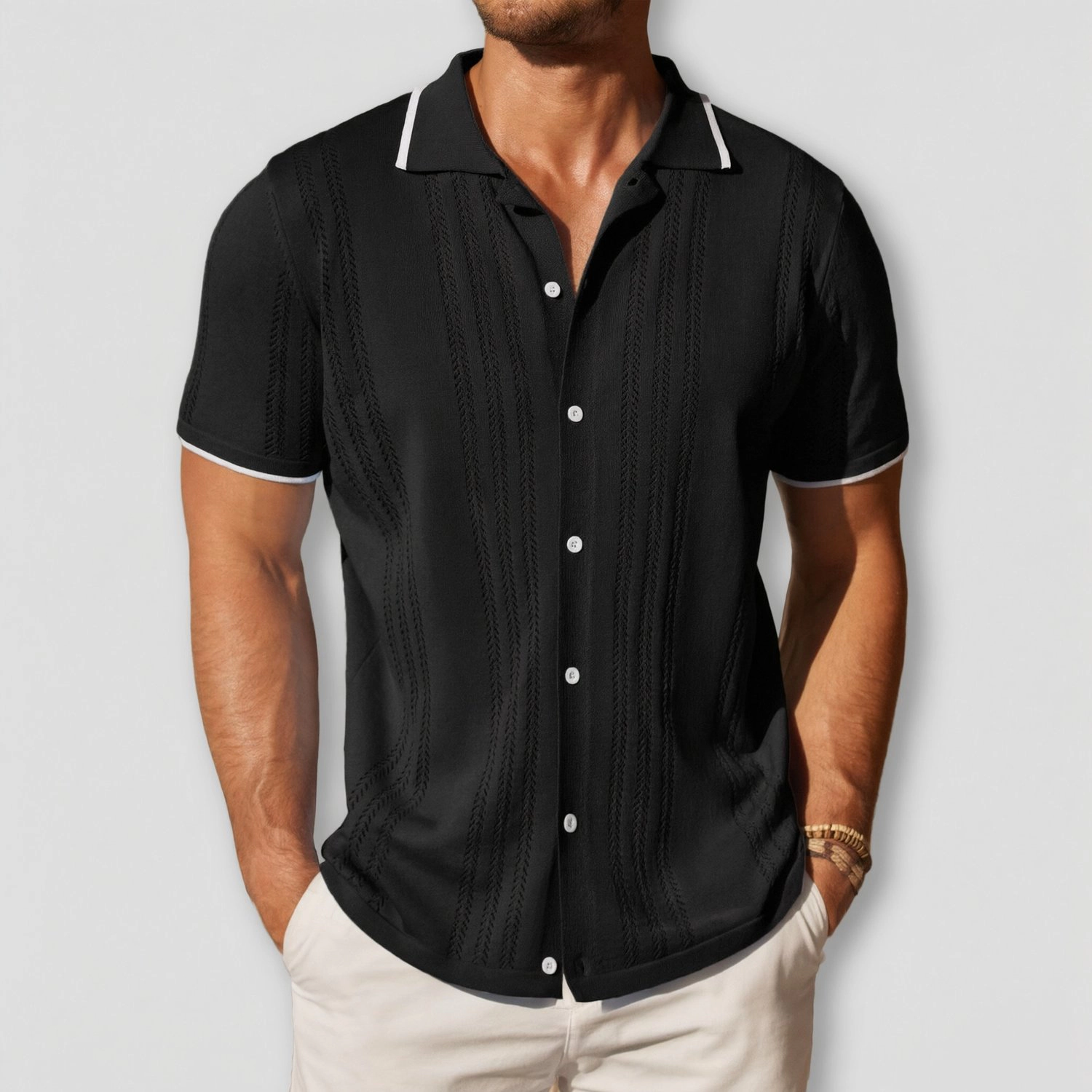 COOFANDY Mens Vintage Knit Short Sleeve Shirts Contrast Trim Button Down Casual Tops
