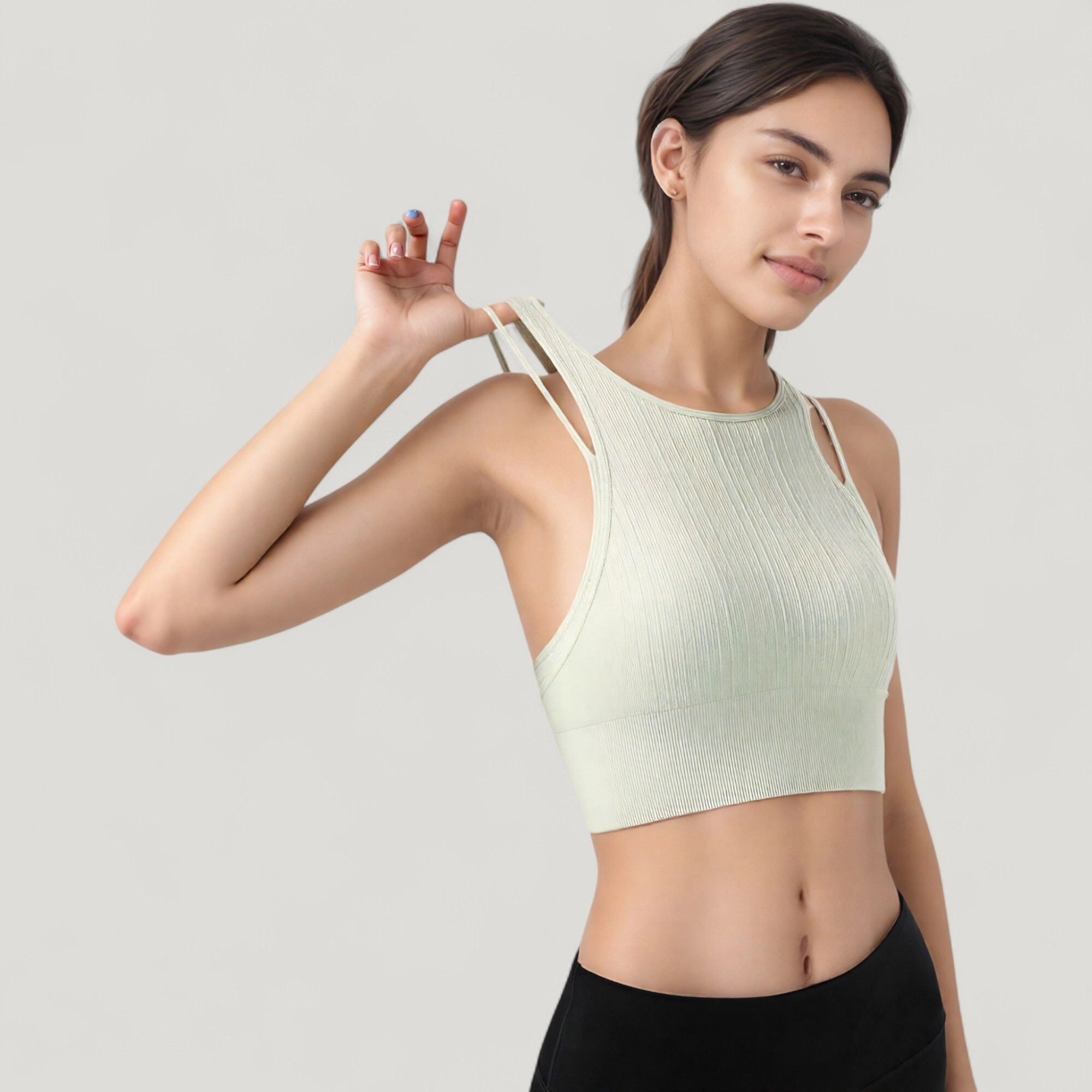 Anna-Kaci Women's Ribbed High Neck Crop Top with Double Strap Detail